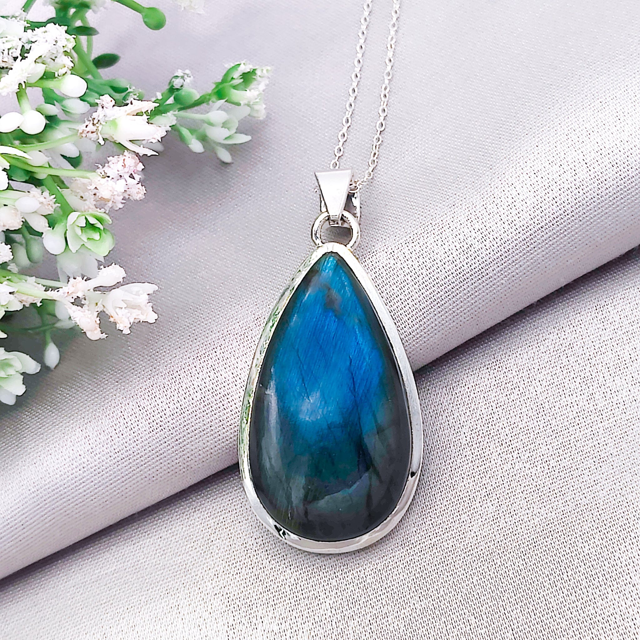 Hepburn and Hughes Labradorite Statement Pendant | 42mm Teardrop | Sterling Silver