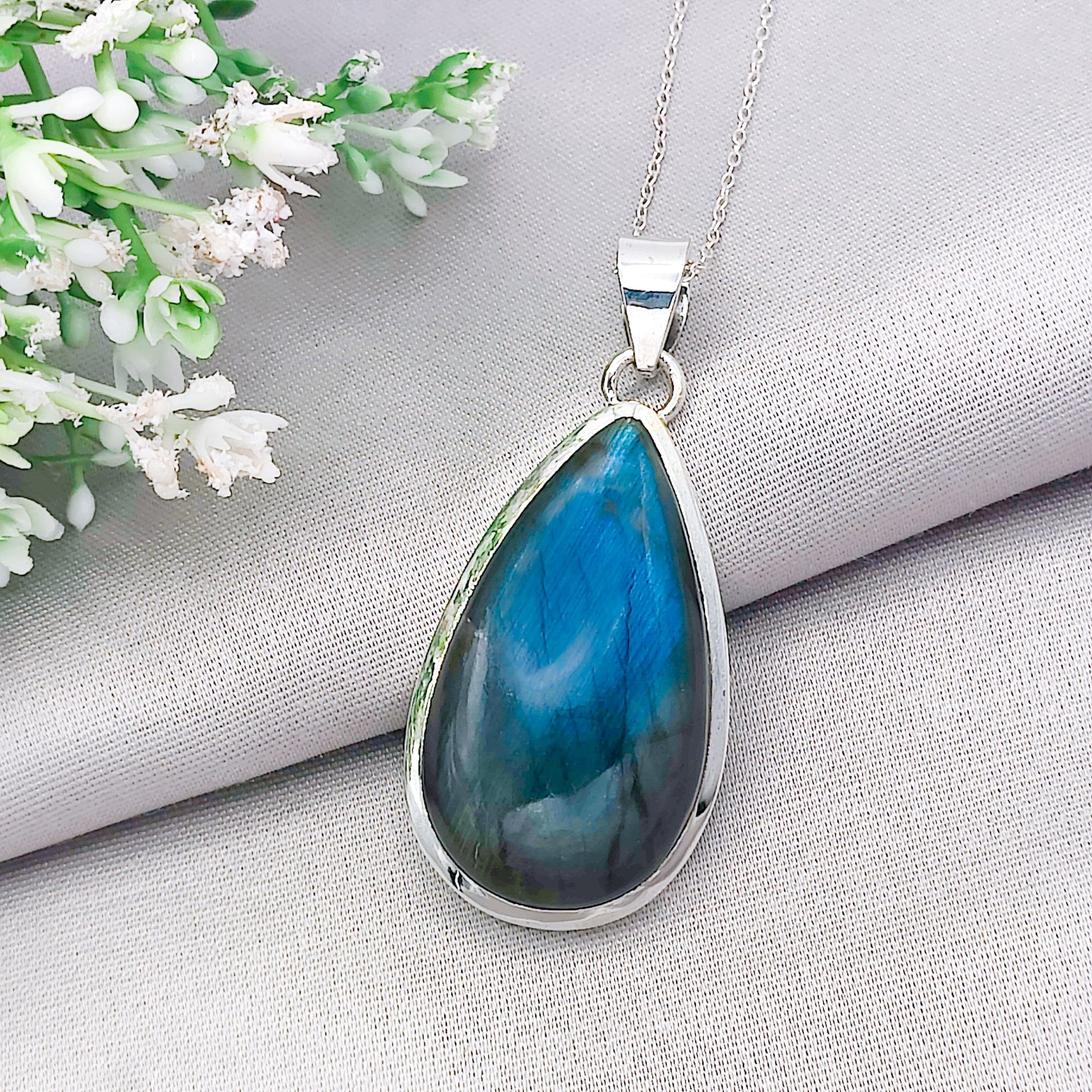 Hepburn and Hughes Labradorite Statement Pendant | 42mm Teardrop | Sterling Silver