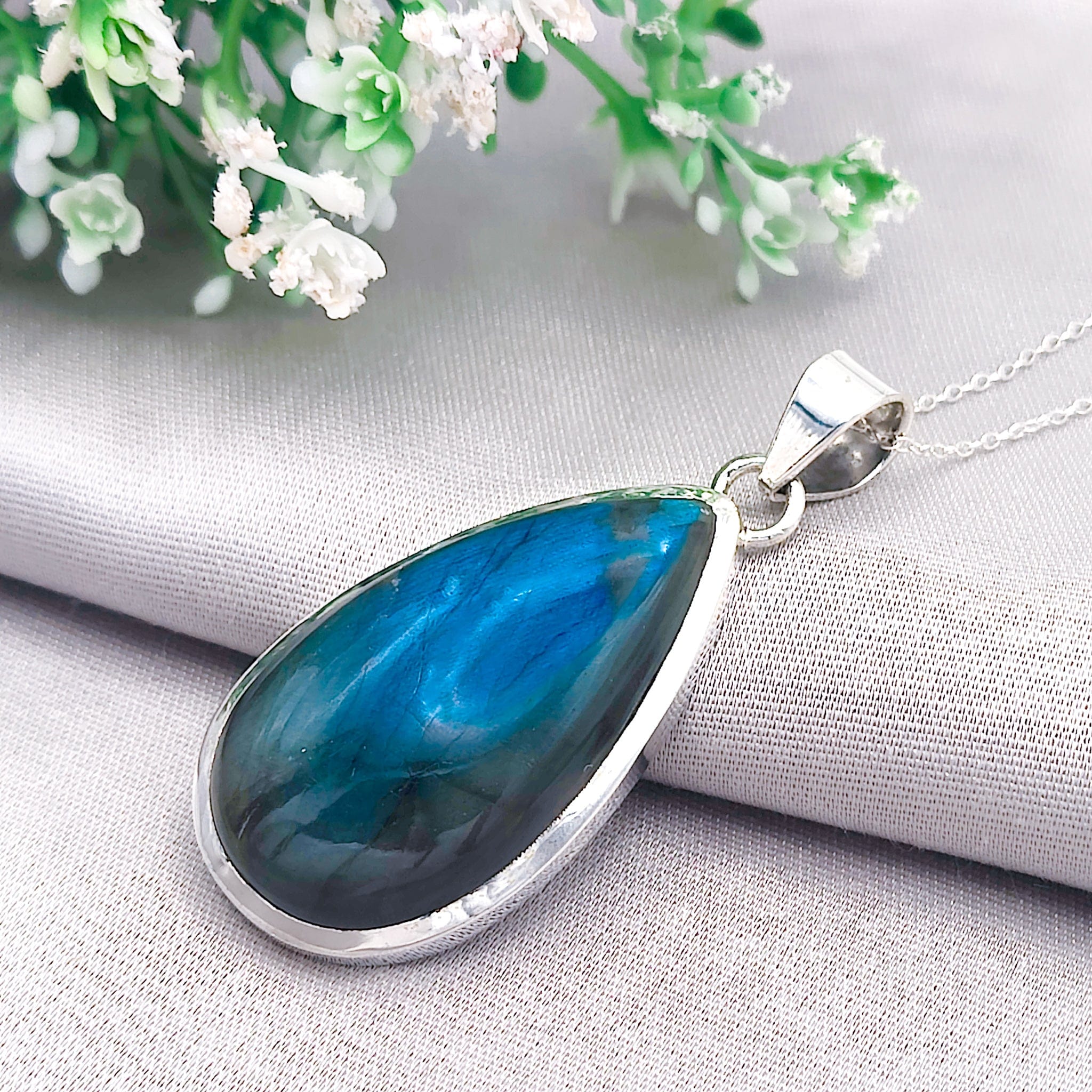 Hepburn and Hughes Labradorite Statement Pendant | 42mm Teardrop | Sterling Silver