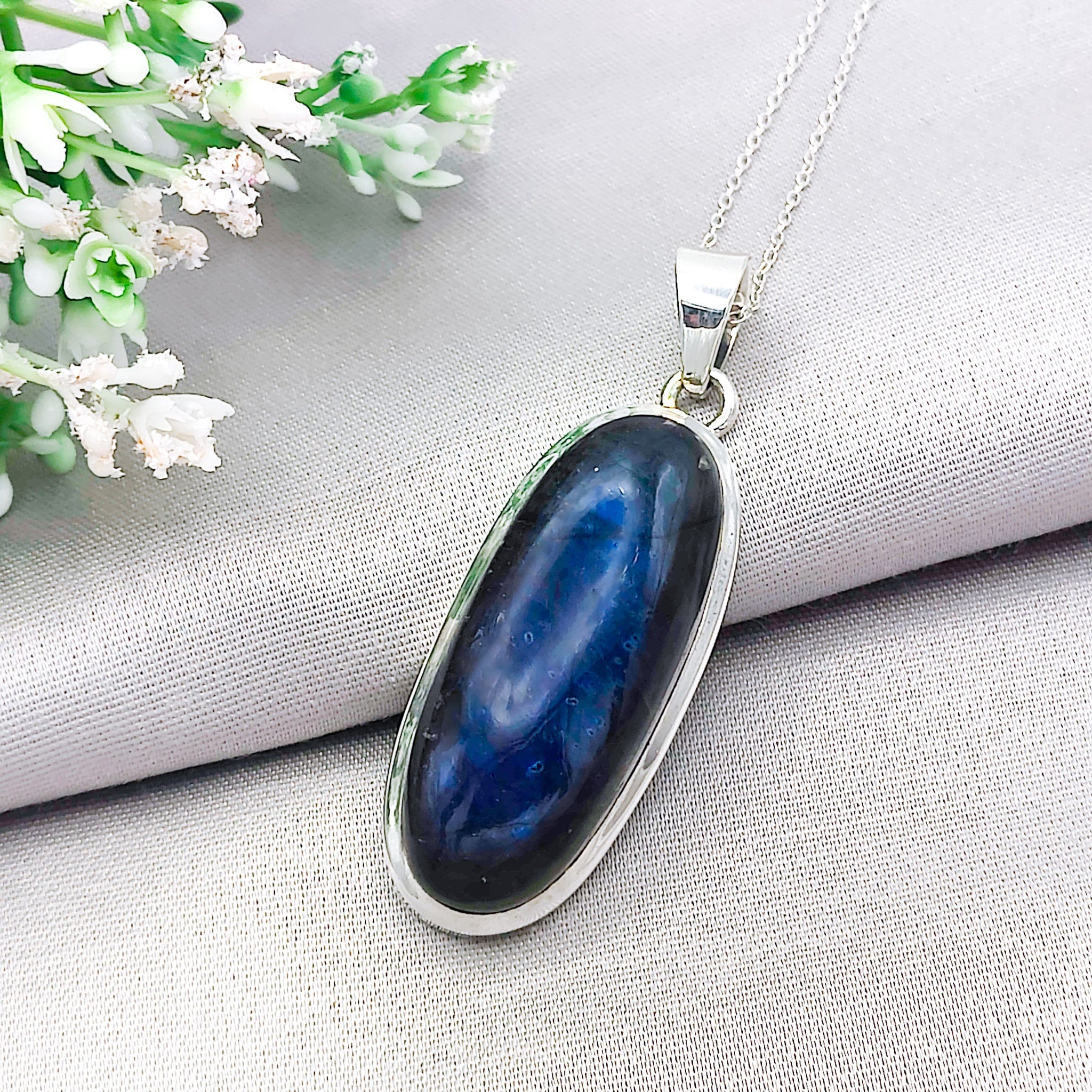 Hepburn and Hughes Labradorite Statement Pendant | 45mm Slim Oval | Sterling Silver