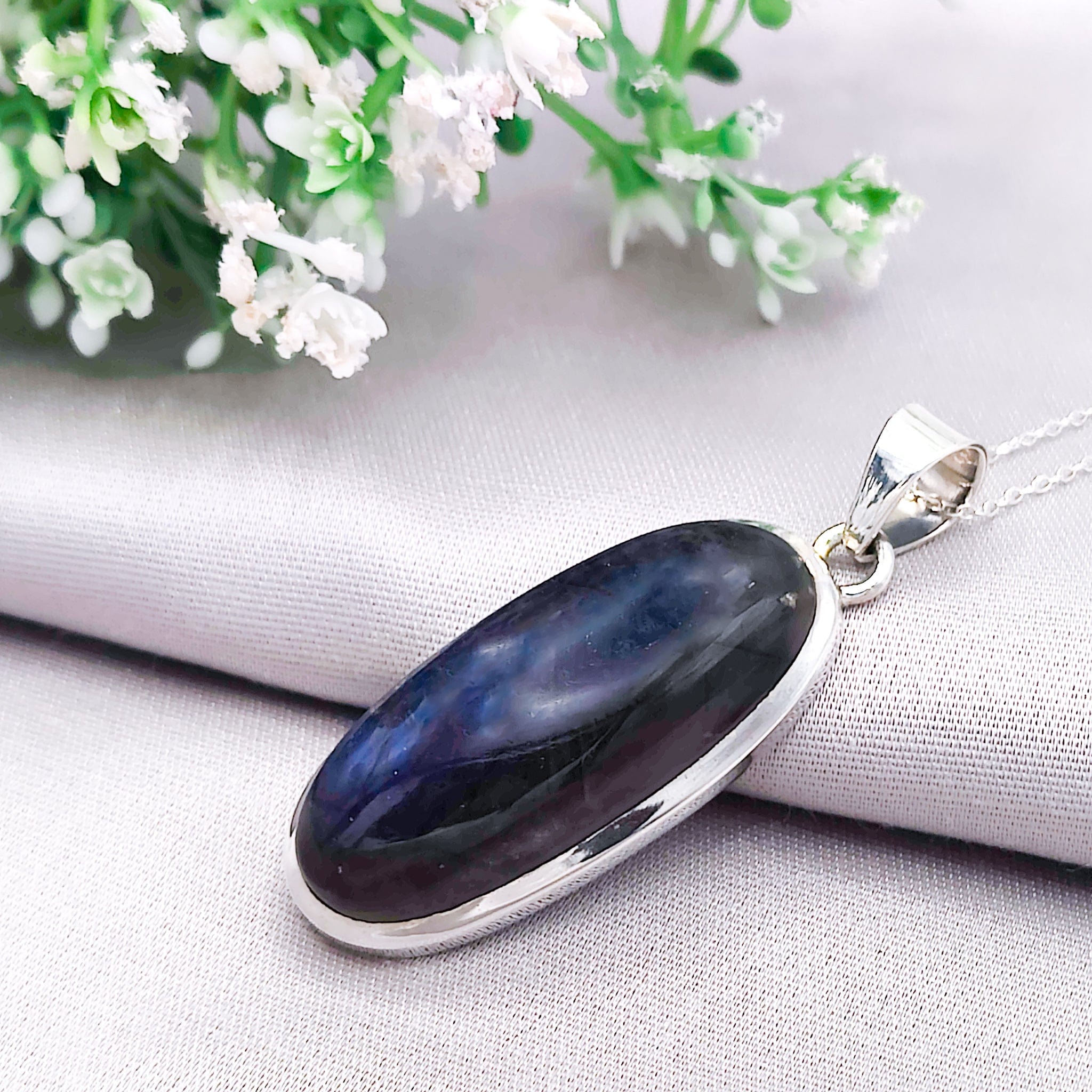 Hepburn and Hughes Labradorite Statement Pendant | 45mm Slim Oval | Sterling Silver