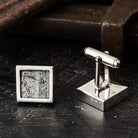 Handcrafted sterling silver cufflinks featuring genuine reclaimed WWII Lancaster Bomber aluminium, shown on a presentation box with Certificate of Authenticity