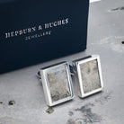 Handcrafted sterling silver cufflinks featuring genuine reclaimed WWII Lancaster Bomber aluminium, shown on a presentation box with Certificate of Authenticity