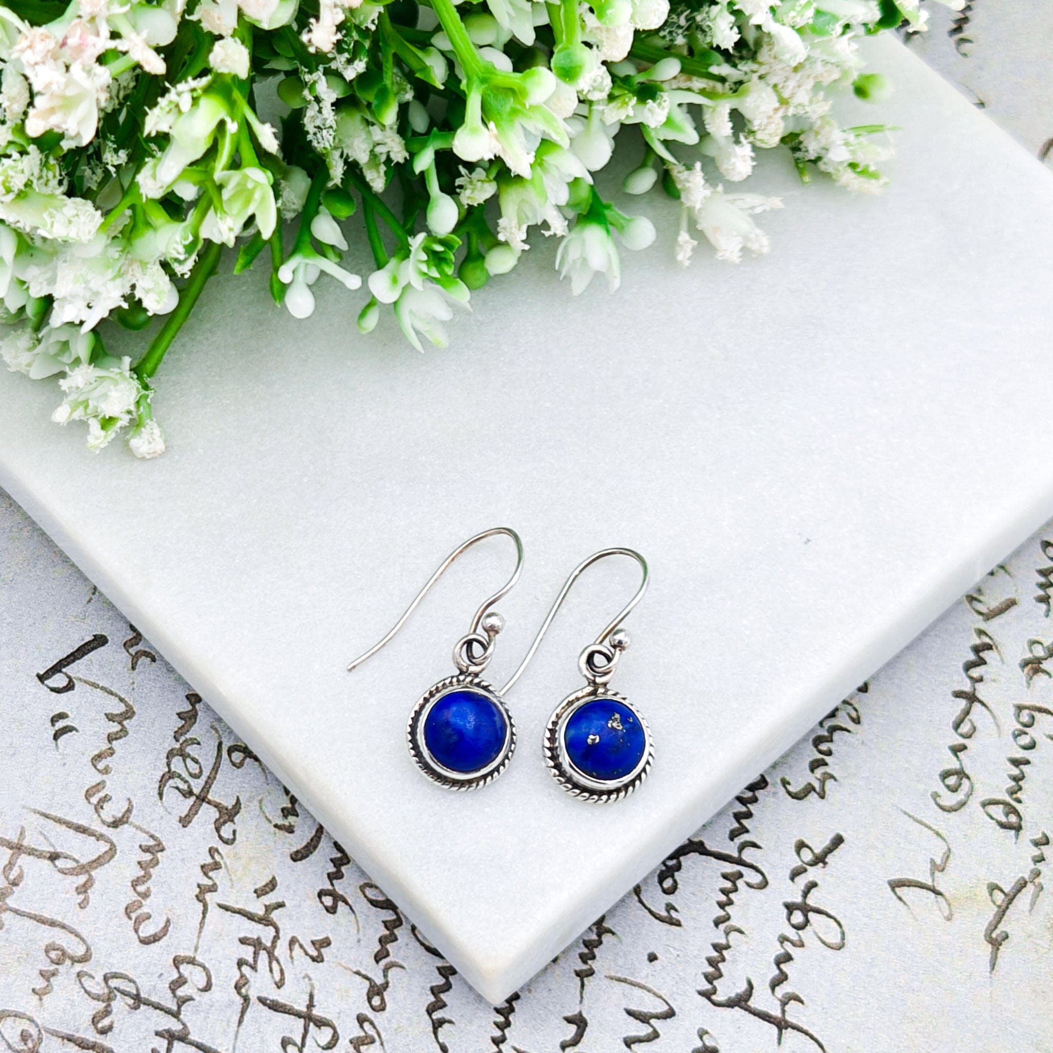 Hepburn and Hughes Lapis Lazuli Drop Earrings | Ornate Round Gemstones in Ornate Sterling Silver | September Birthstone
