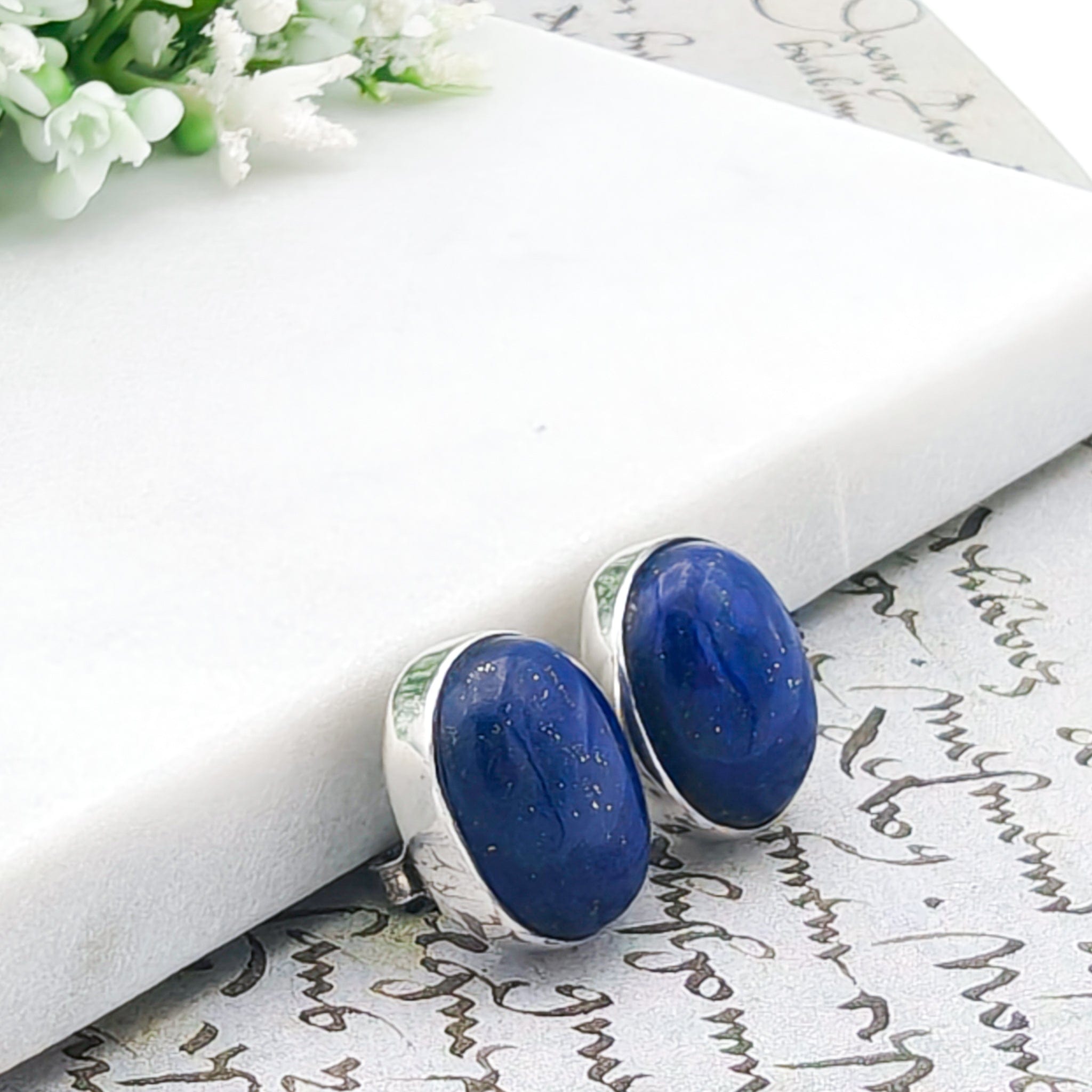 Hepburn and Hughes Lapis Lazuli Earrings | 15mm Oval Studs in Sterling Silver | 9th Wedding Anniversary