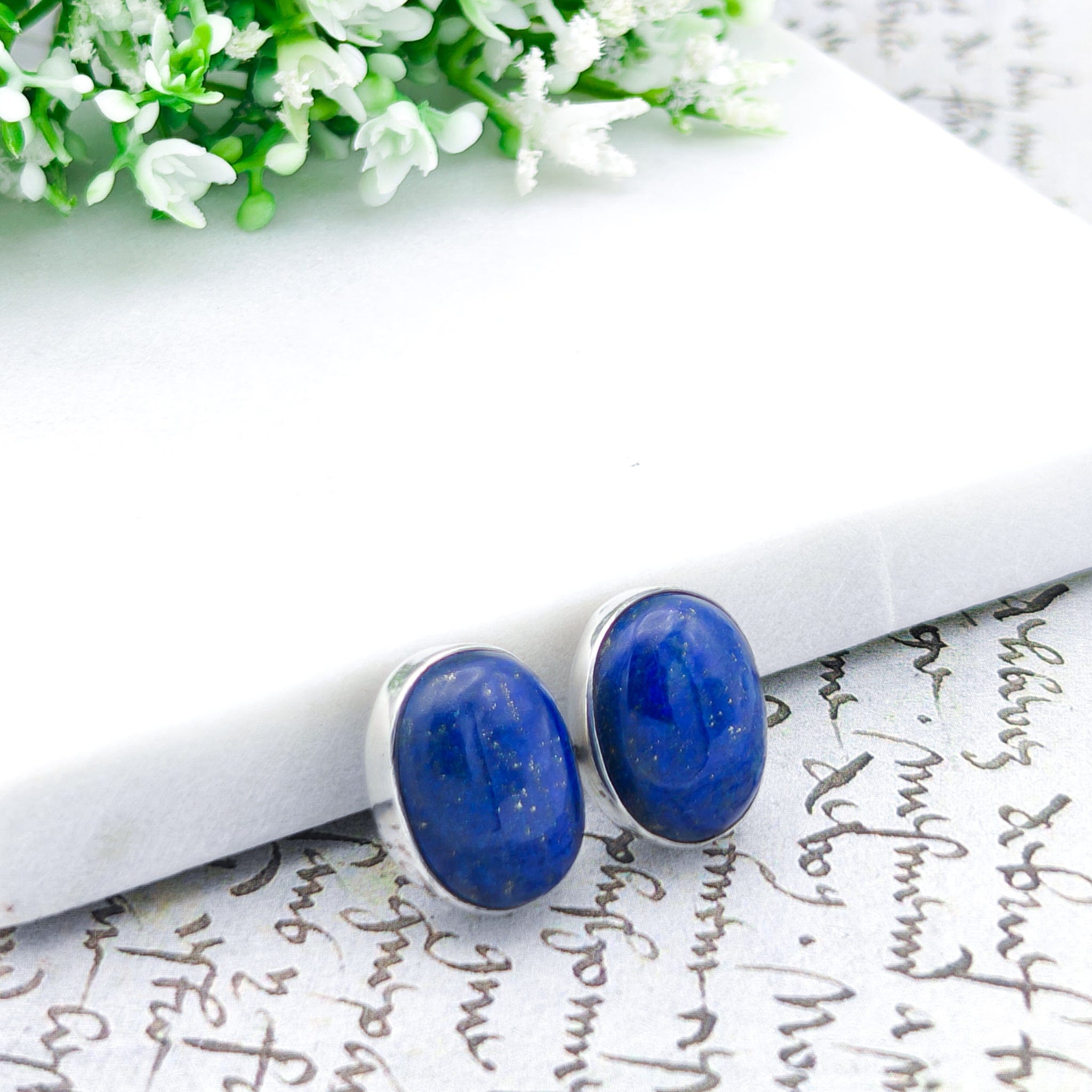 Hepburn and Hughes Lapis Lazuli Earrings | 15mm Oval Studs in Sterling Silver | 9th Wedding Anniversary