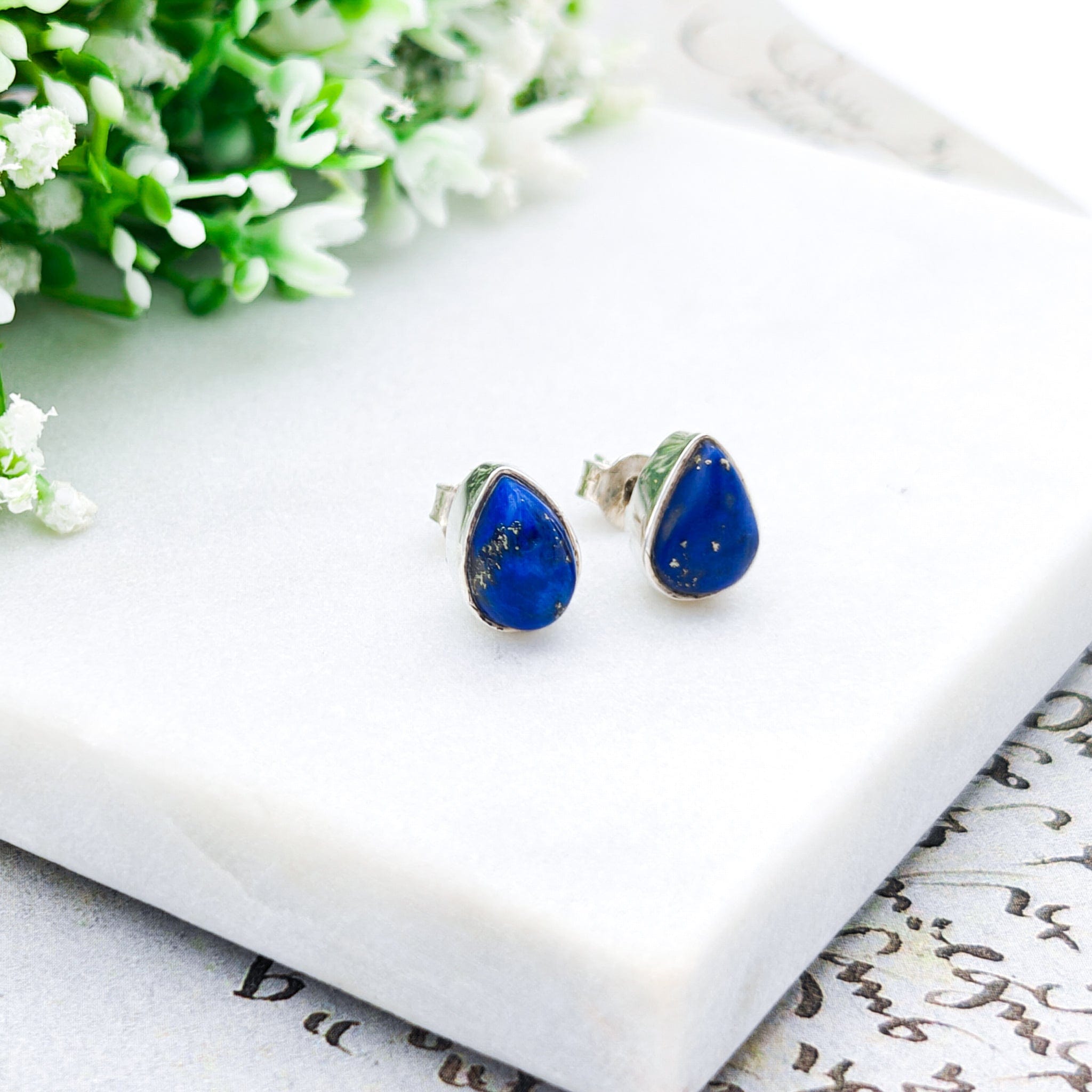 Hepburn and Hughes Lapis Lazuli Earrings | Teardrop Studs | Blue Gemstone | September Birthstone | Sterling Silver