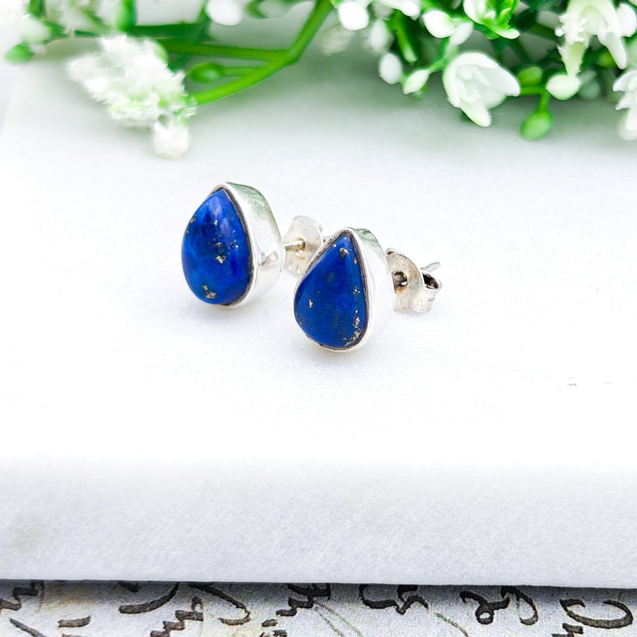 Hepburn and Hughes Lapis Lazuli Earrings | Teardrop Studs | Blue Gemstone | September Birthstone | Sterling Silver