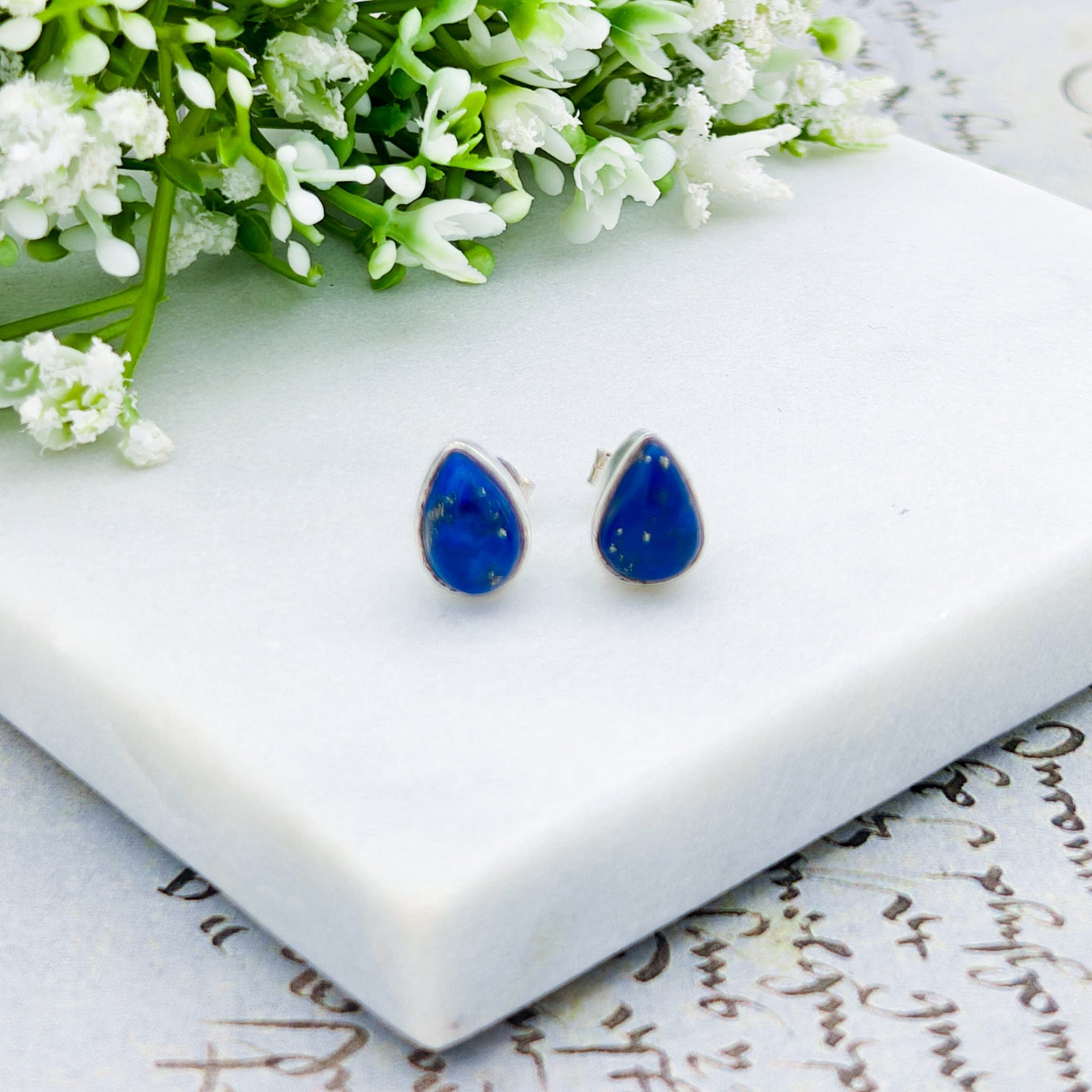 Hepburn and Hughes Lapis Lazuli Earrings | Teardrop Studs | Blue Gemstone | September Birthstone | Sterling Silver