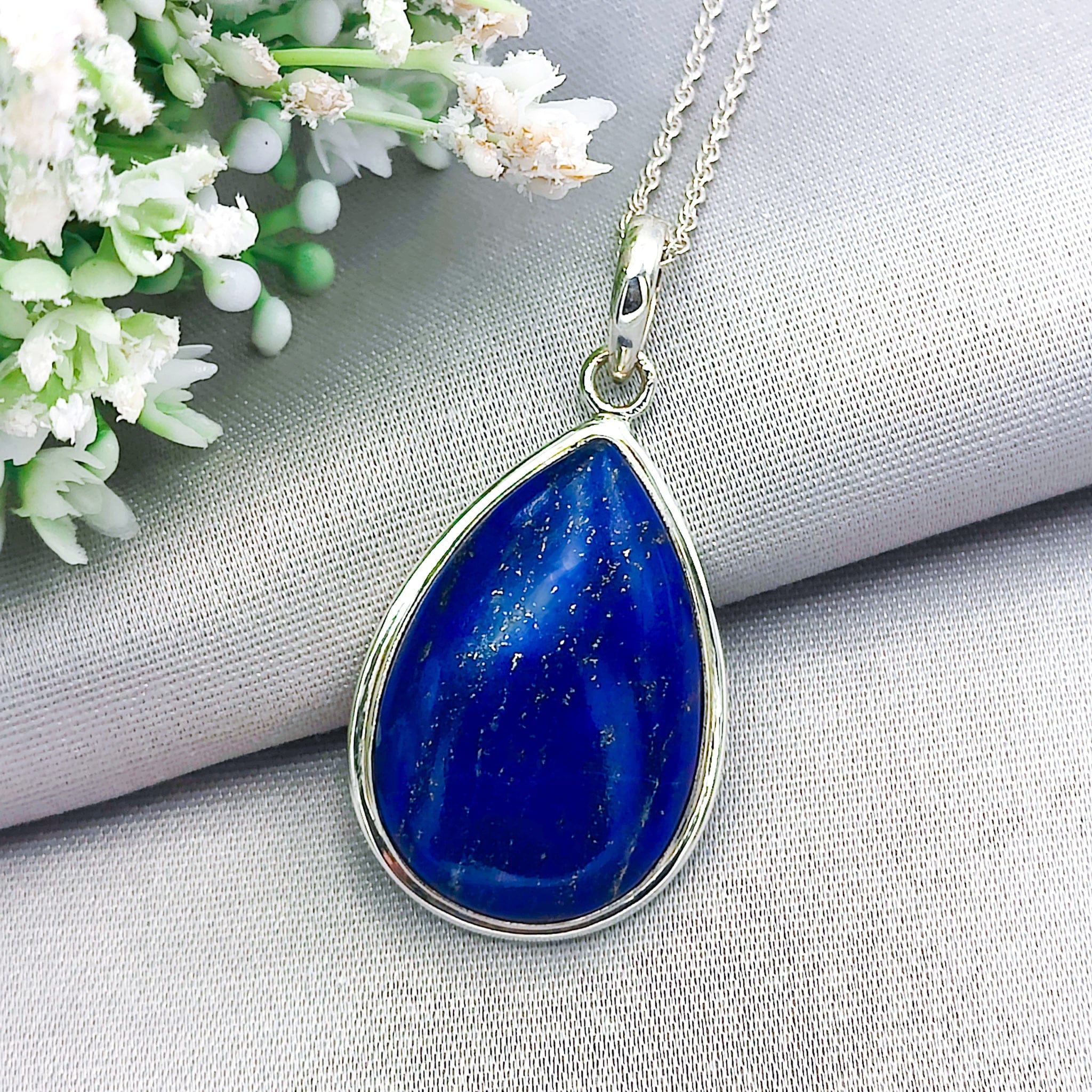 Hepburn and Hughes Lapis Lazuli Pendant | 30mm Teardrop | September Birthstone | Sterling Silver