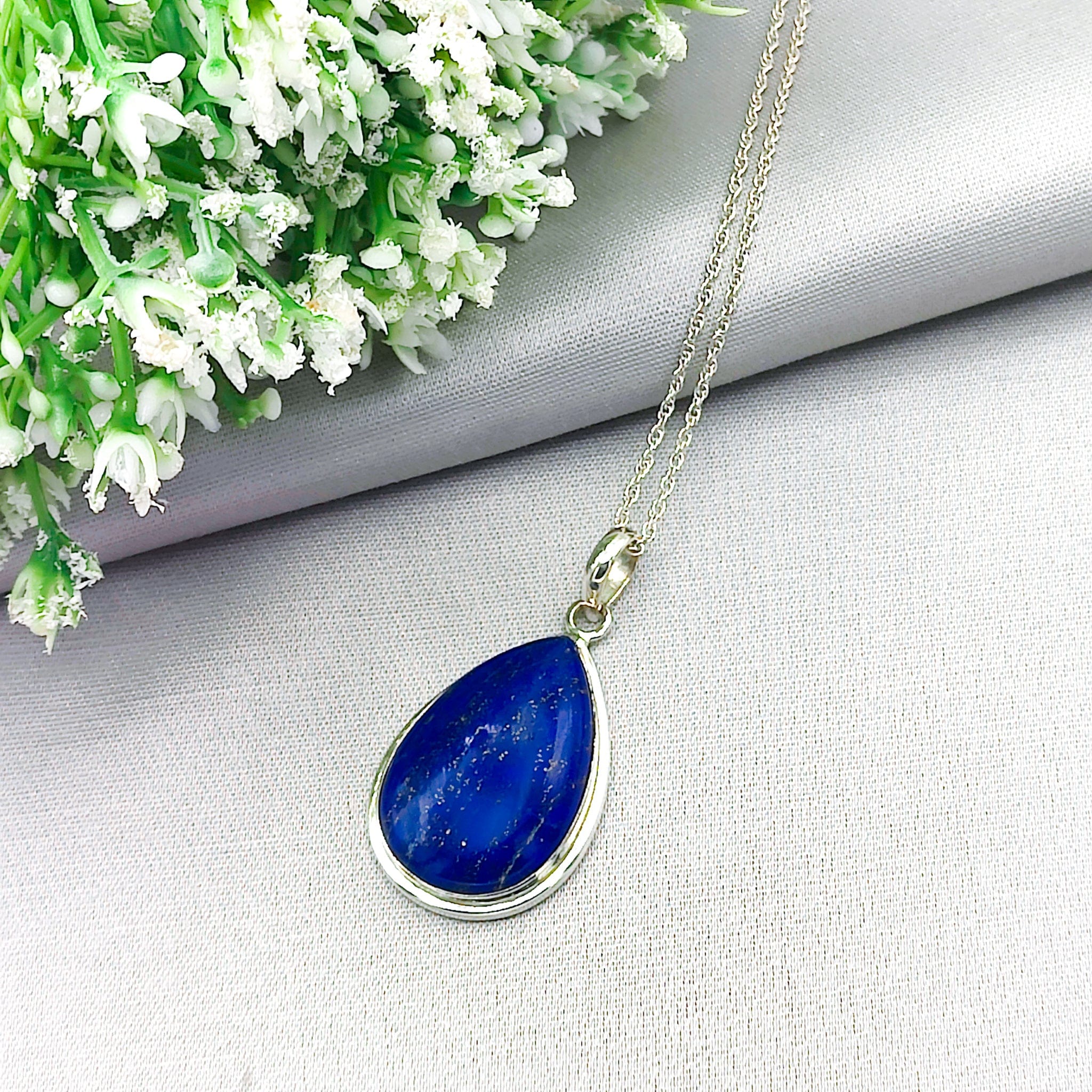 Hepburn and Hughes Lapis Lazuli Pendant | 30mm Teardrop | September Birthstone | Sterling Silver