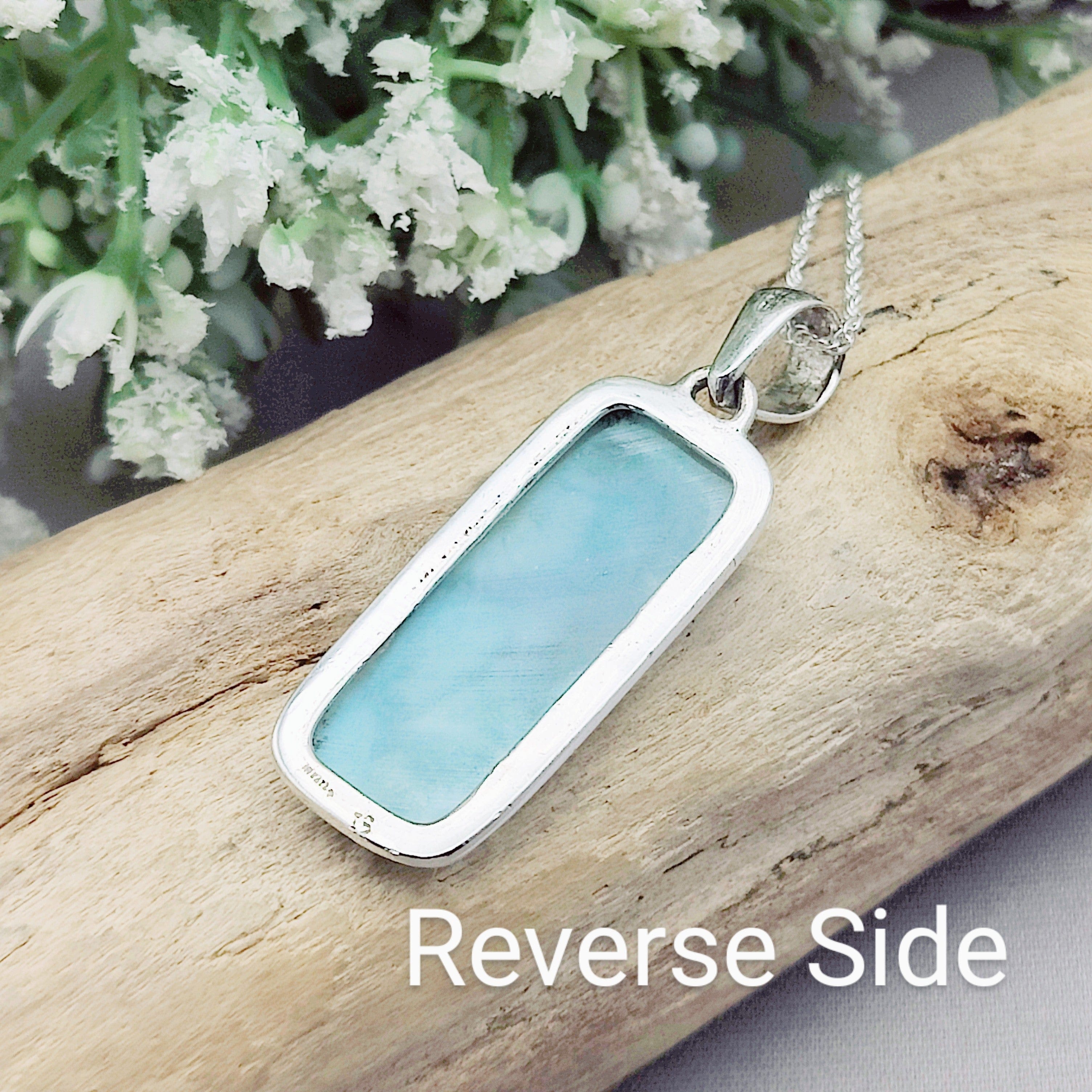 Hepburn and Hughes Larimar Gemstone Pendant | 37mm Rectangle | Sterling Silver