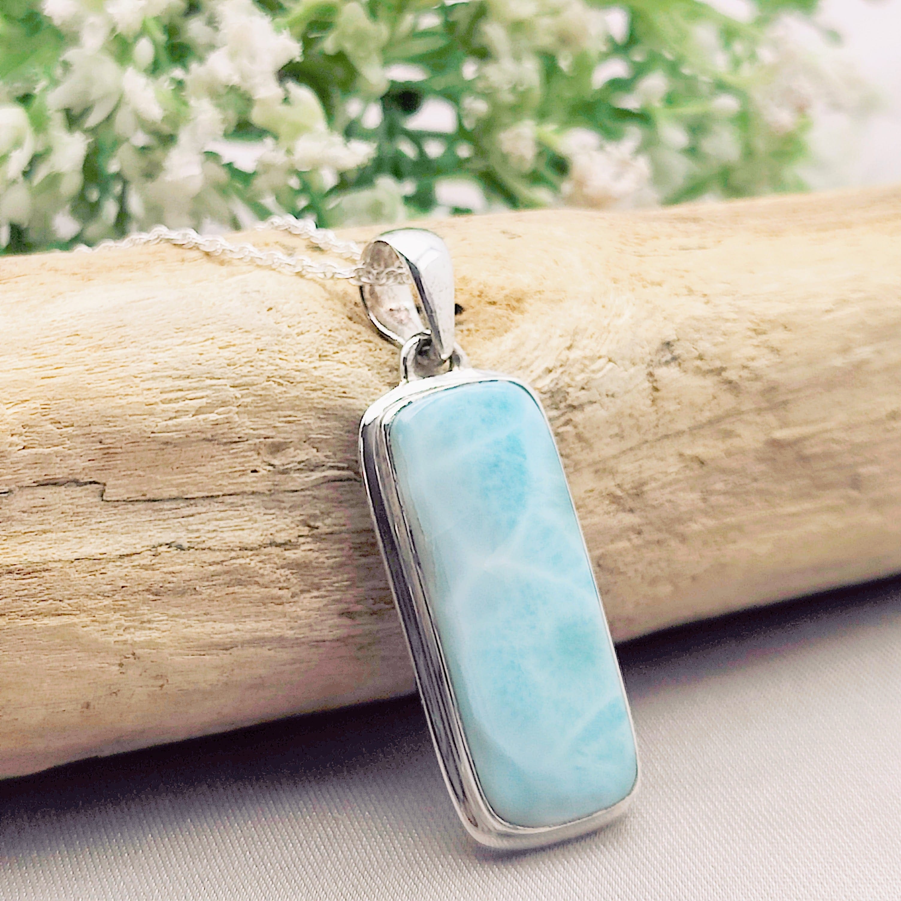 Hepburn and Hughes Larimar Gemstone Pendant | 37mm Rectangle | Sterling Silver