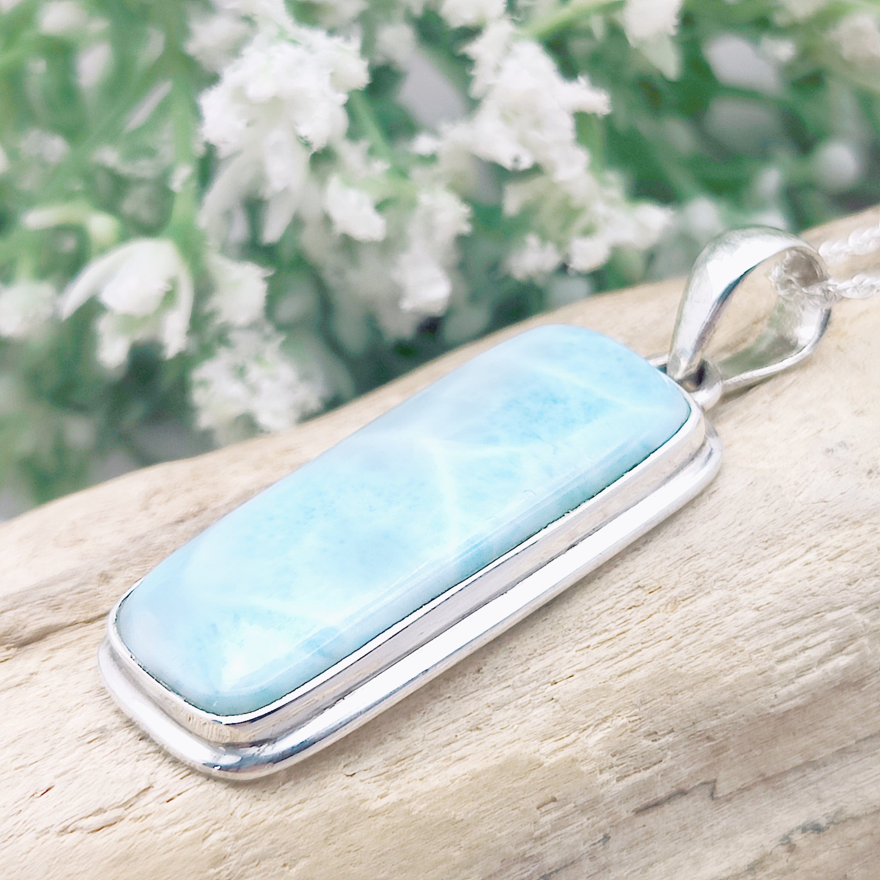 Hepburn and Hughes Larimar Gemstone Pendant | 37mm Rectangle | Sterling Silver