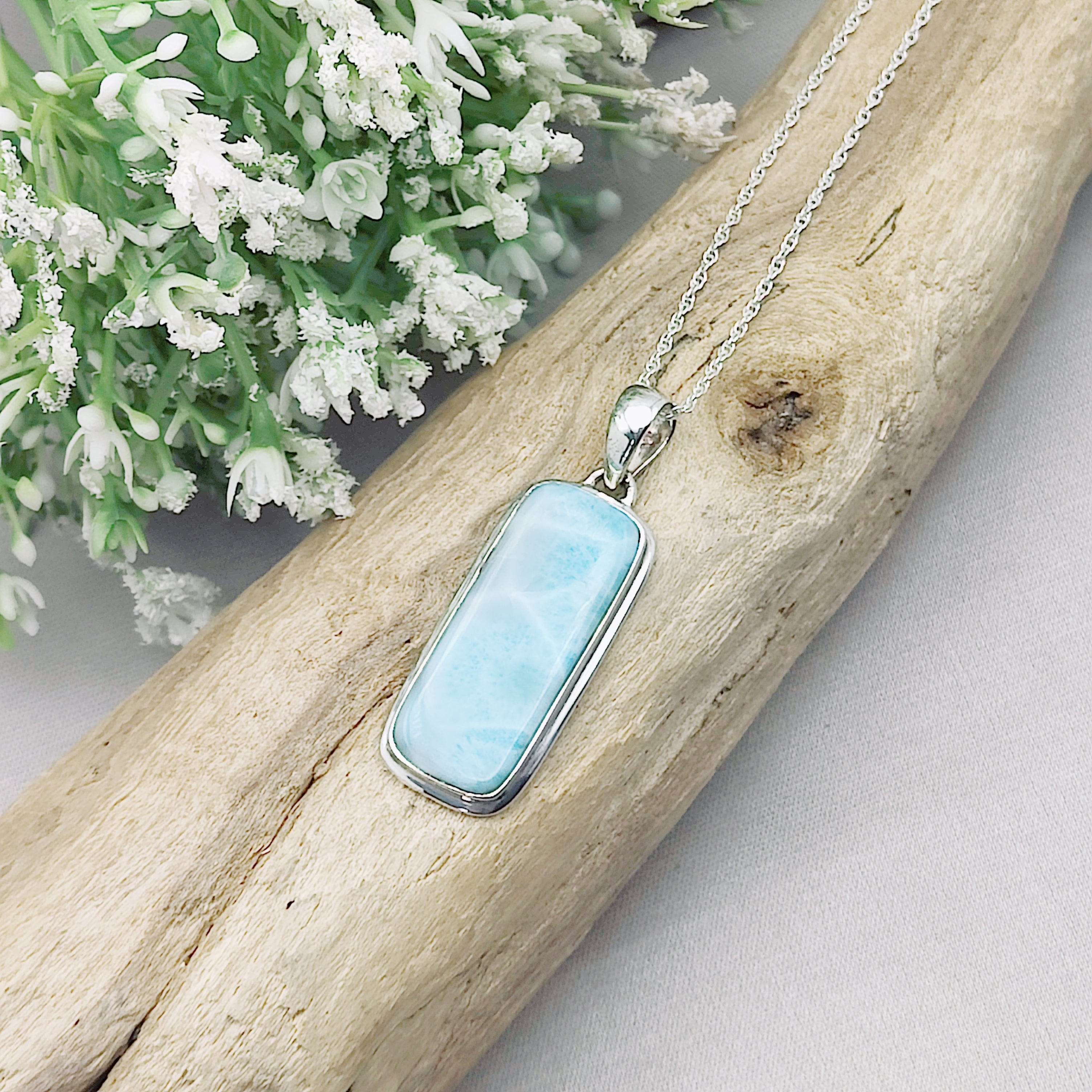 Hepburn and Hughes Larimar Gemstone Pendant | 37mm Rectangle | Sterling Silver