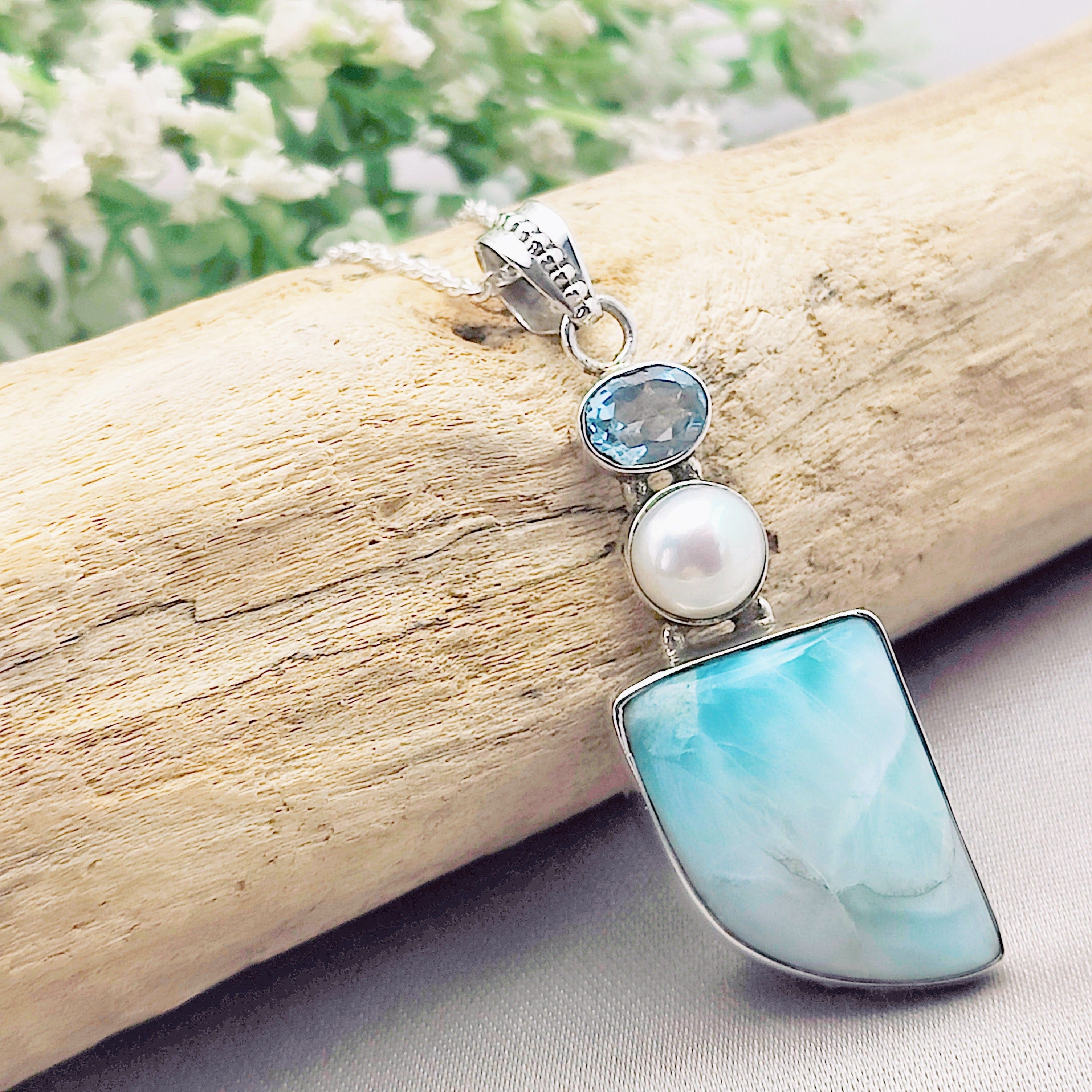 Hepburn and Hughes Larimar Pendant with Pearl and Topaz | 45mm long | Sterling Silver