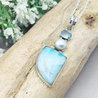 Hepburn and Hughes Larimar Pendant with Pearl and Topaz | 45mm long | Sterling Silver