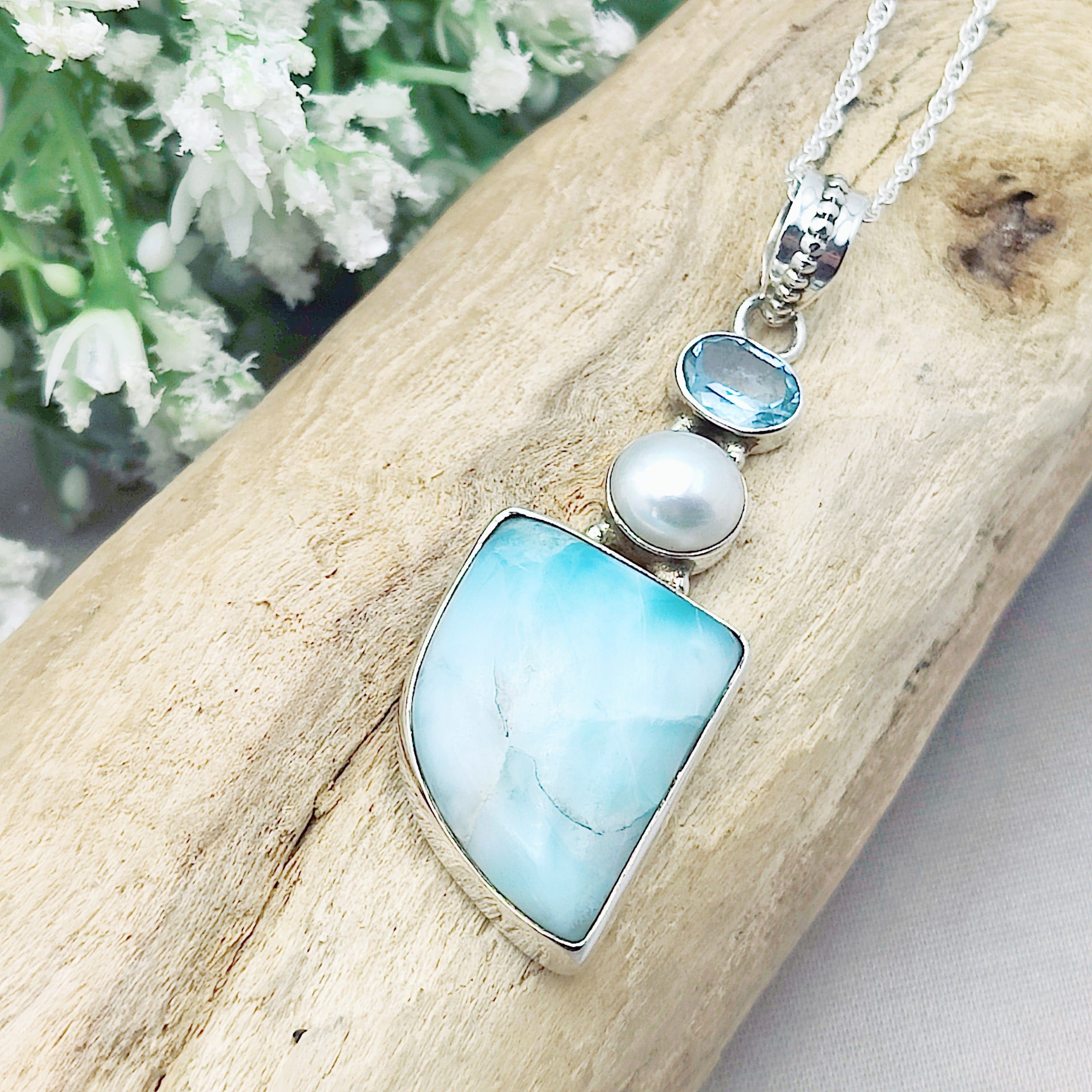 Hepburn and Hughes Larimar Pendant with Pearl and Topaz | 45mm long | Sterling Silver