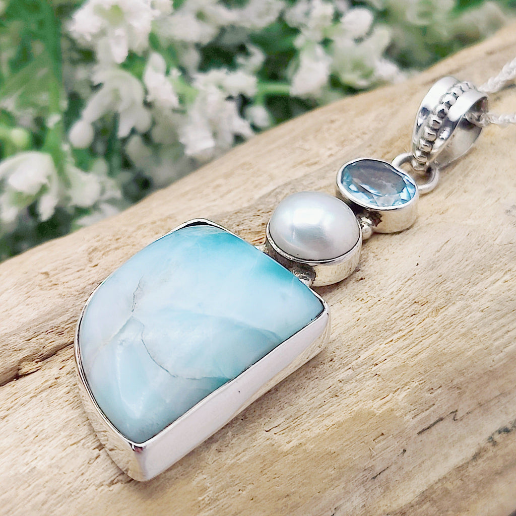 Hepburn and Hughes Larimar Pendant with Pearl and Topaz | 45mm long | Sterling Silver