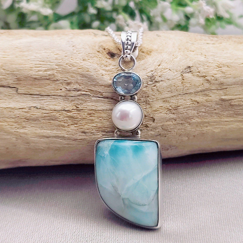 Hepburn and Hughes Larimar Pendant with Pearl and Topaz | 45mm long | Sterling Silver