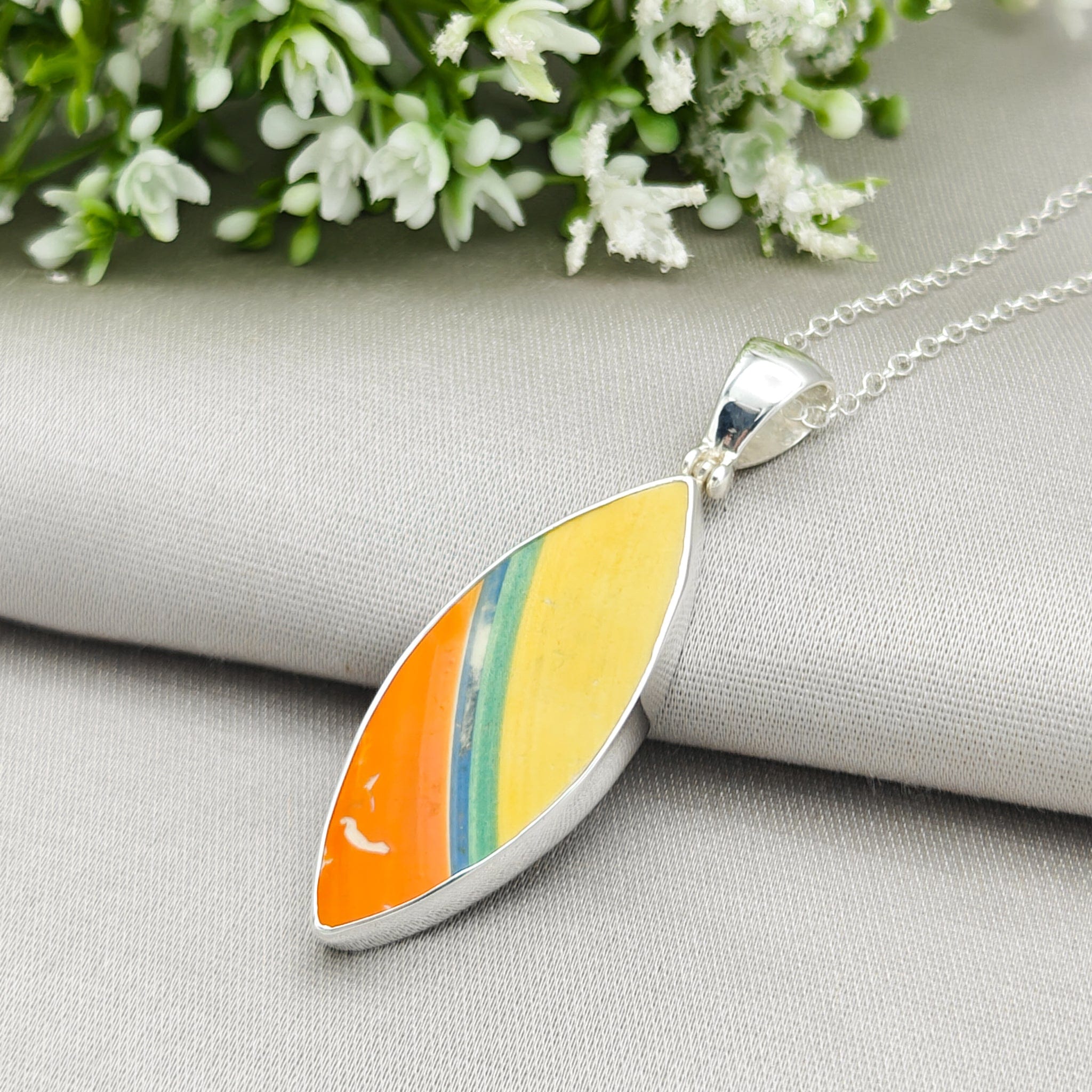 Hepburn and Hughes Liberty Stripe Clarice Cliff Art Deco Necklace | Upcycled Sterling Silver Heritage Jewellery