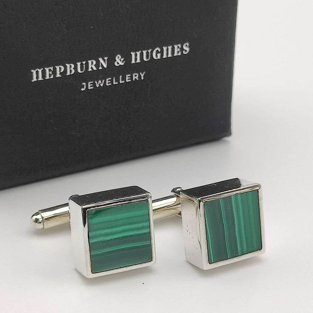 Hepburn and Hughes Malachite Cufflinks | Green Gemstone Cuff Links | Sterling Silver