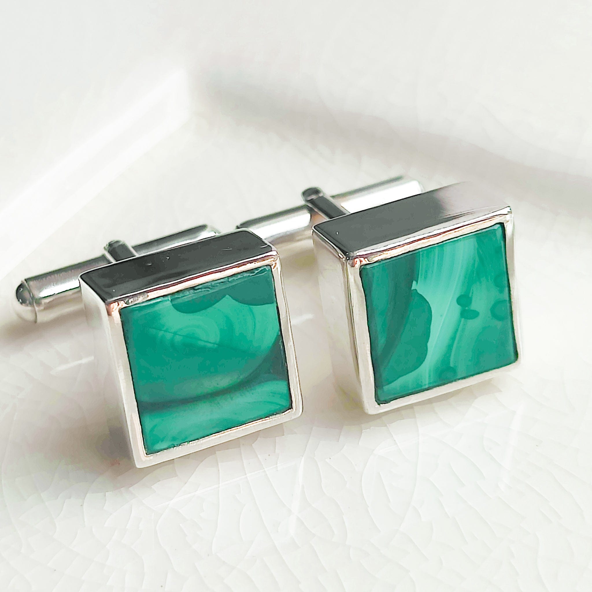 Hepburn and Hughes Malachite Cufflinks | Green Gemstone Cuff Links | Sterling Silver