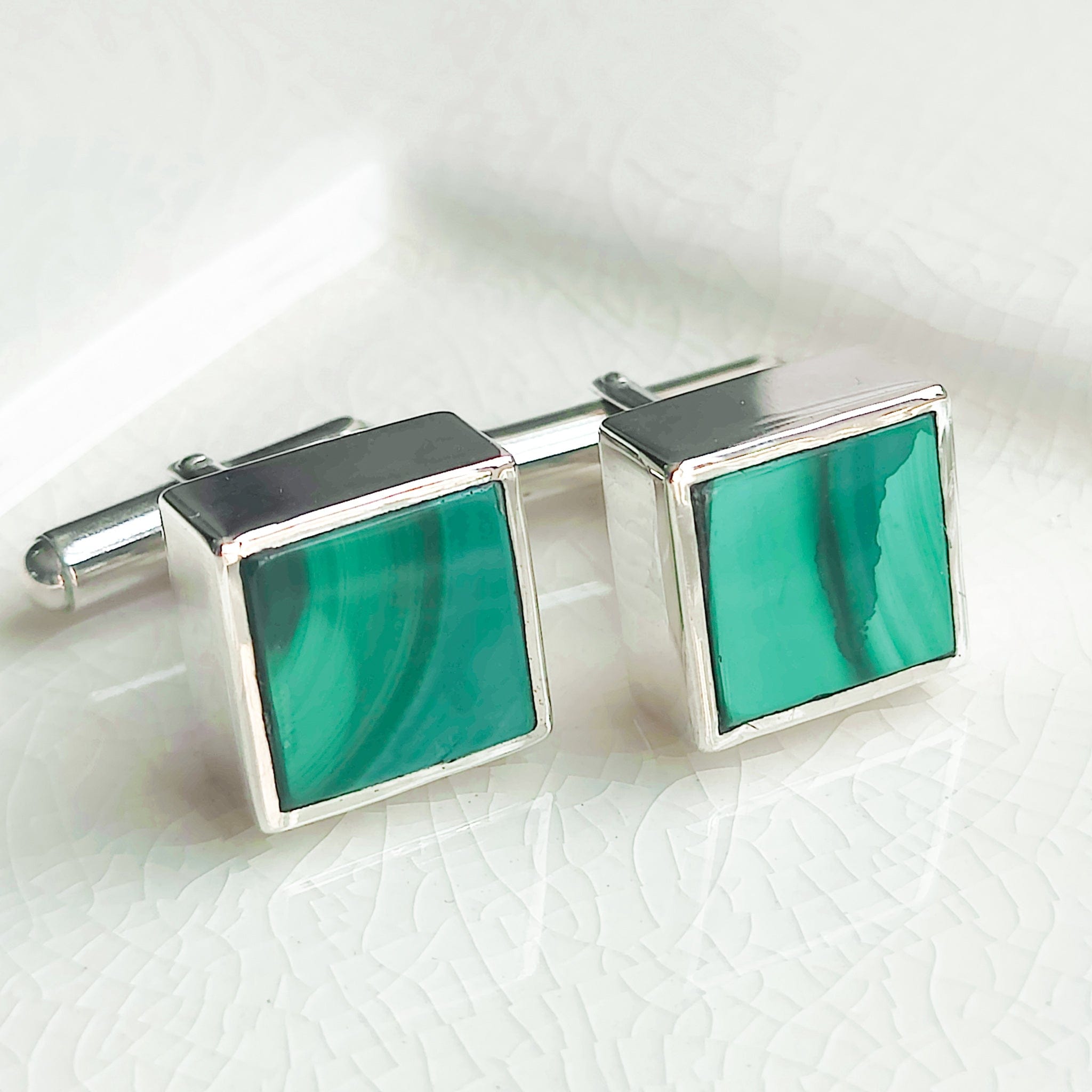 Hepburn and Hughes Malachite Cufflinks | Green Gemstone Cuff Links | Sterling Silver
