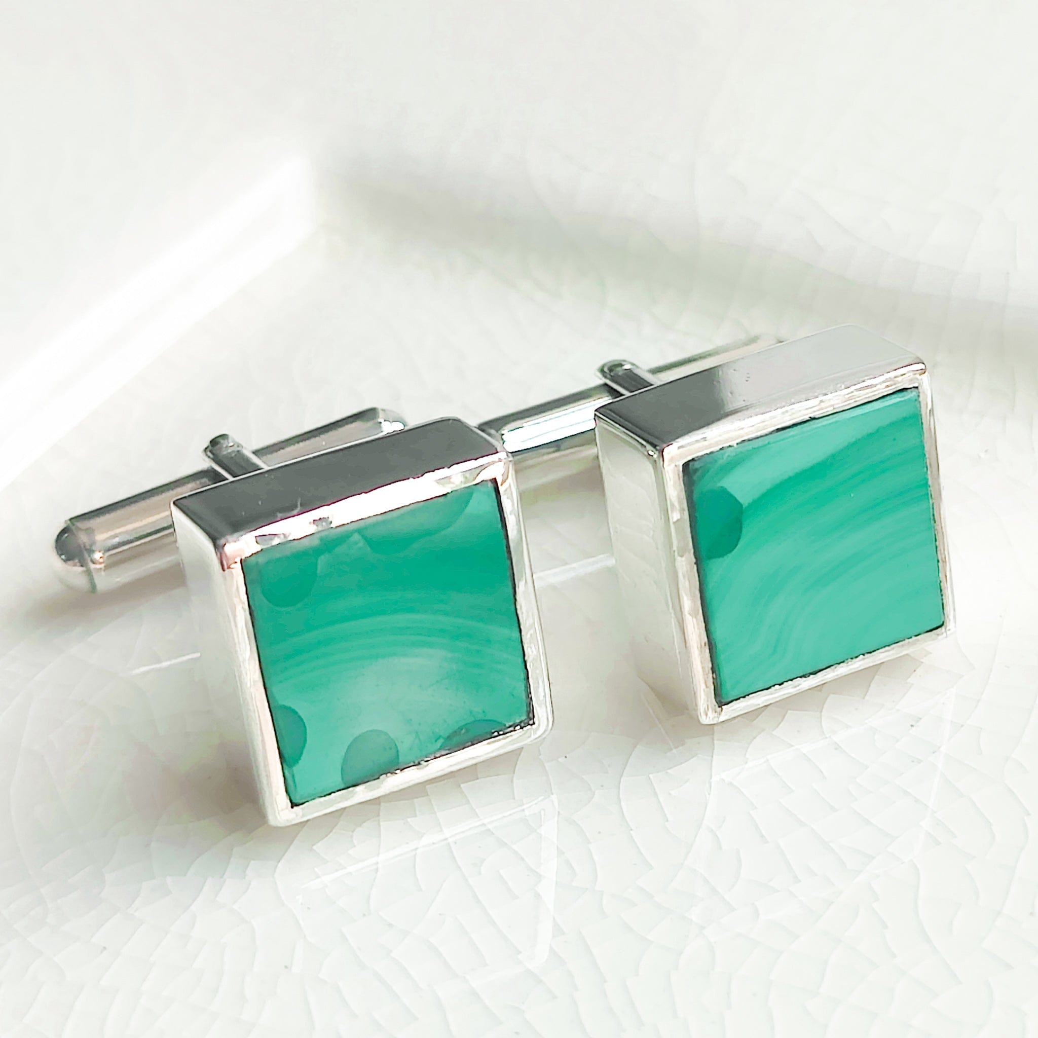 Hepburn and Hughes Malachite Cufflinks | Green Gemstone Cuff Links | Sterling Silver