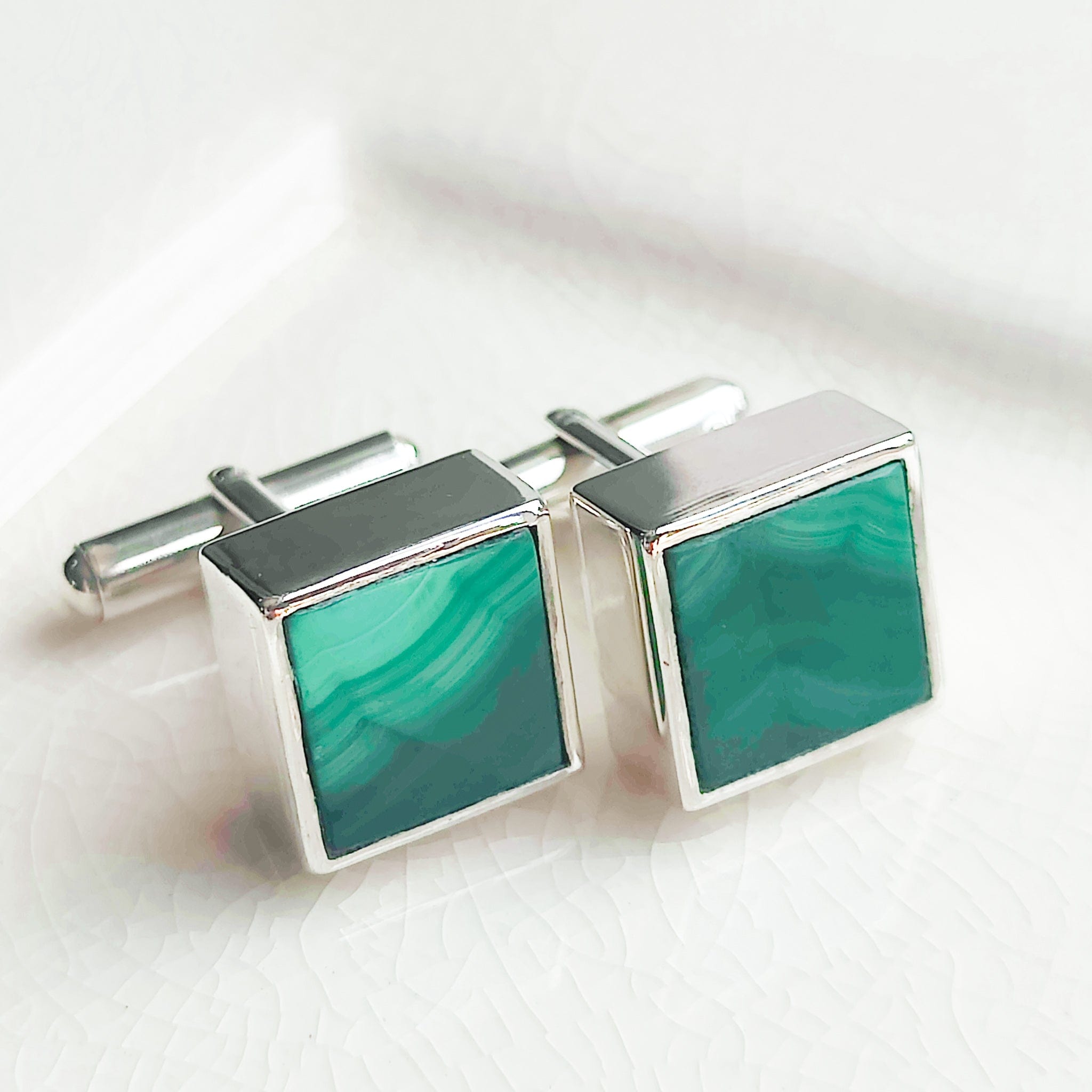Hepburn and Hughes Malachite Cufflinks | Green Gemstone Cuff Links | Sterling Silver