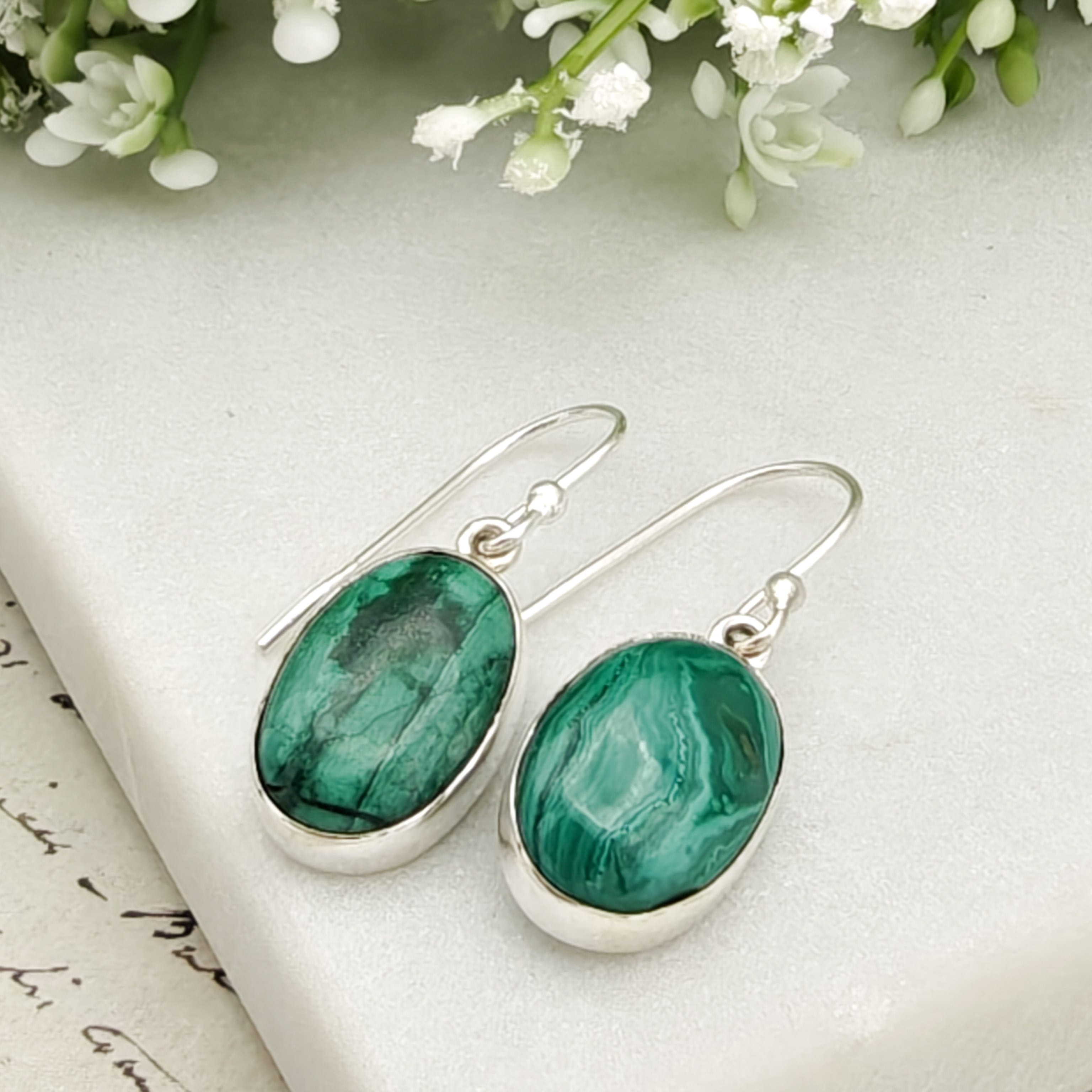 Hepburn and Hughes Malachite Earrings in Sterling Silver | 15mm length | Taurus Birthstone