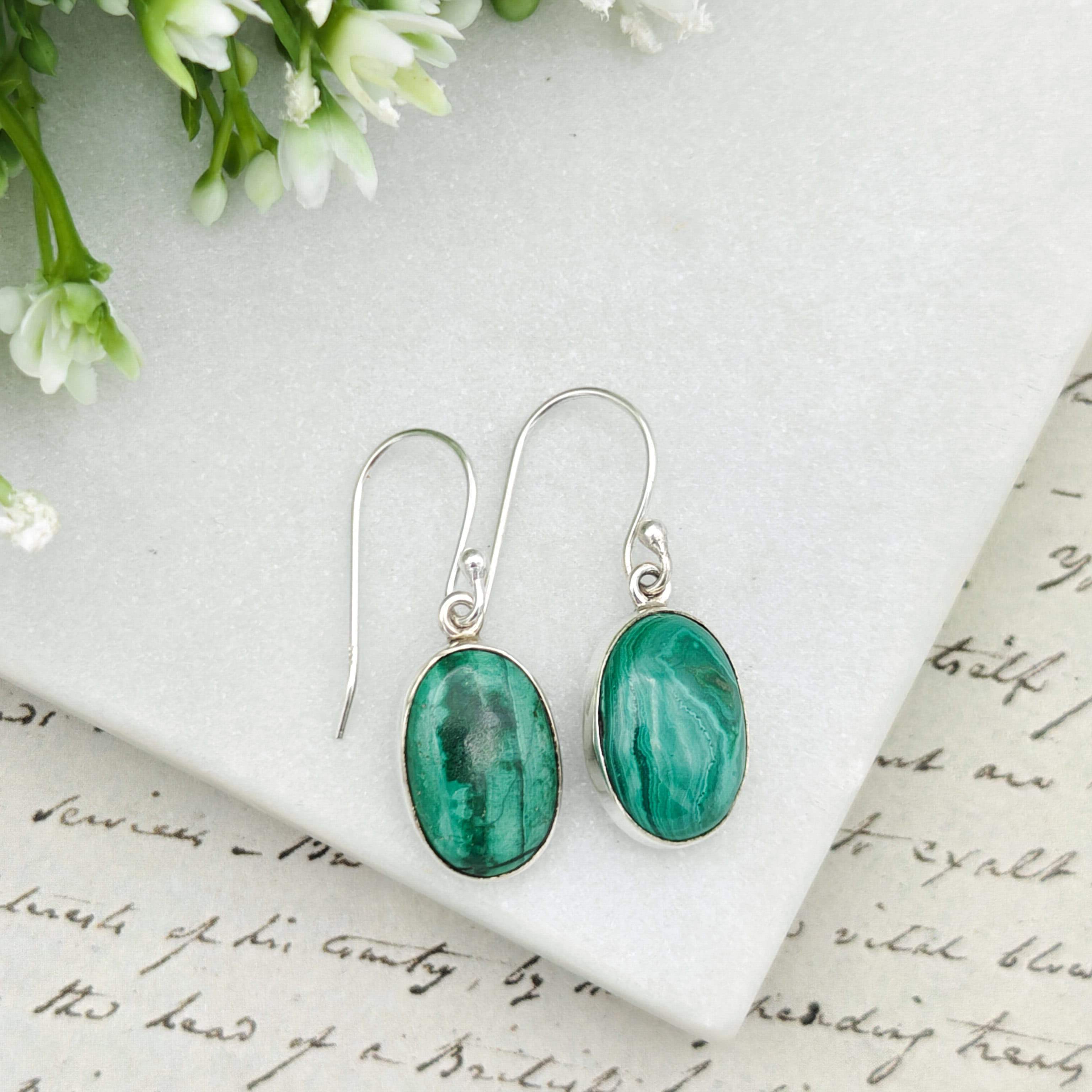 Hepburn and Hughes Malachite Earrings in Sterling Silver | 15mm length | Taurus Birthstone