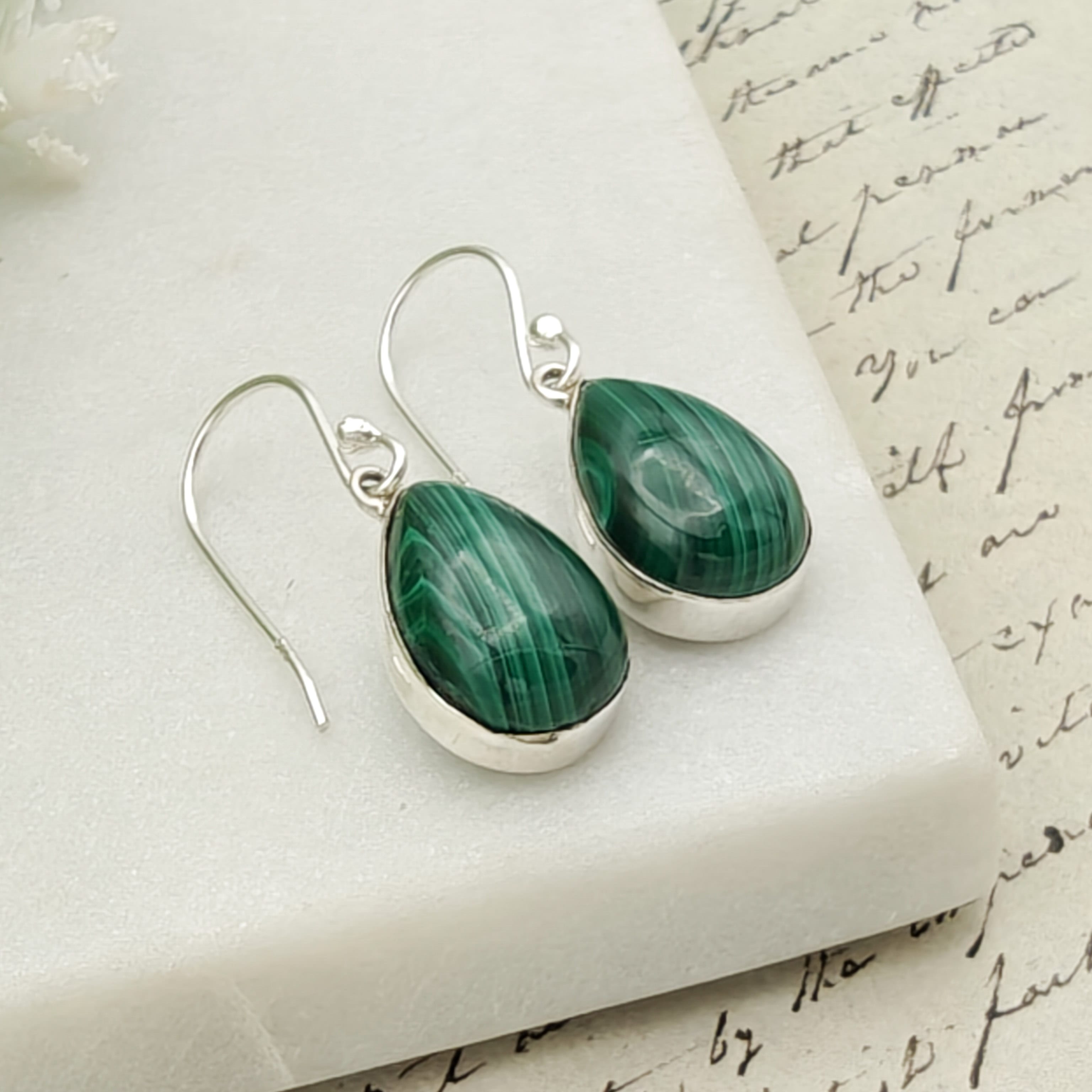 Hepburn and Hughes Malachite Earrings in Sterling Silver | 15mm length | Taurus Birthstone