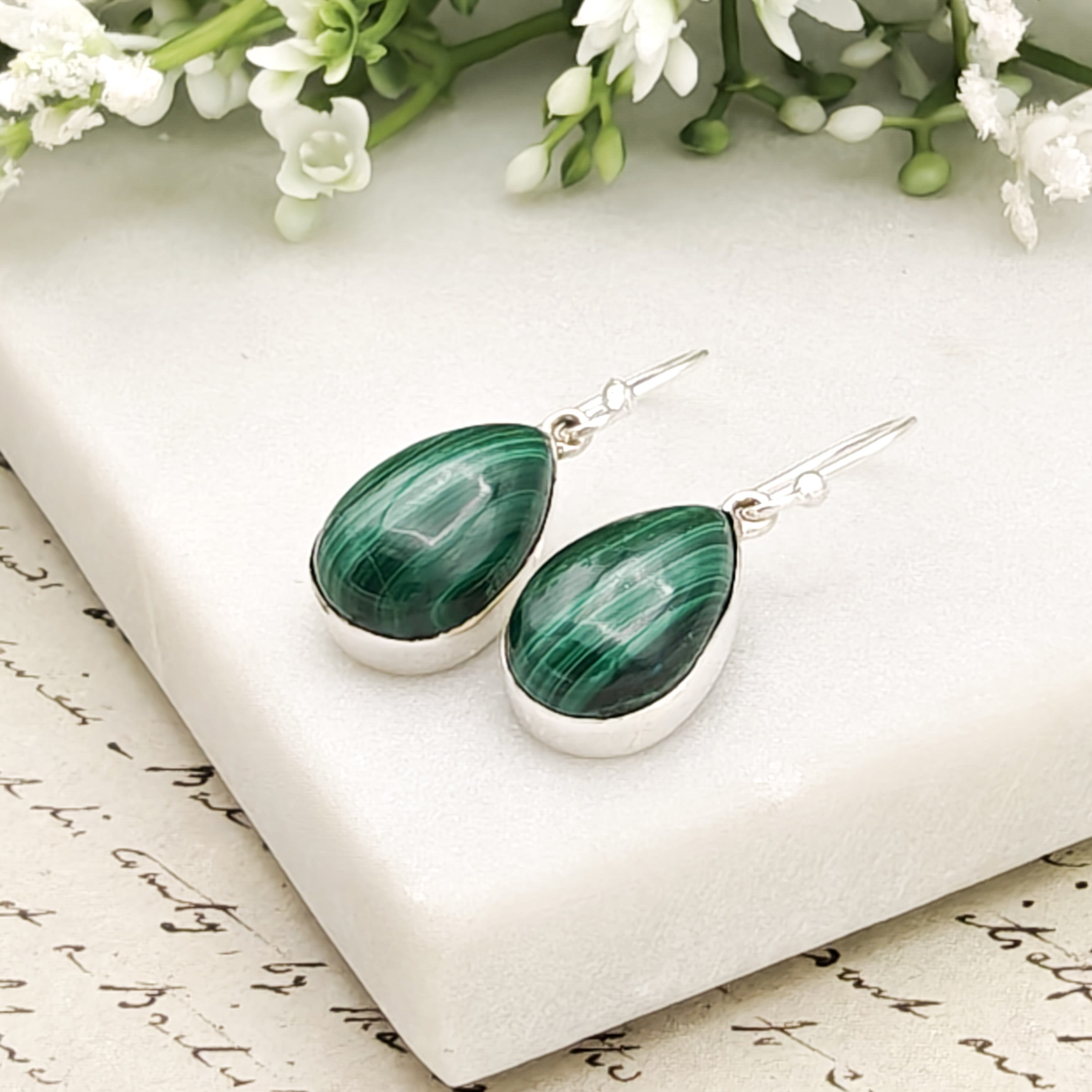 Hepburn and Hughes Malachite Earrings in Sterling Silver | 15mm length | Taurus Birthstone
