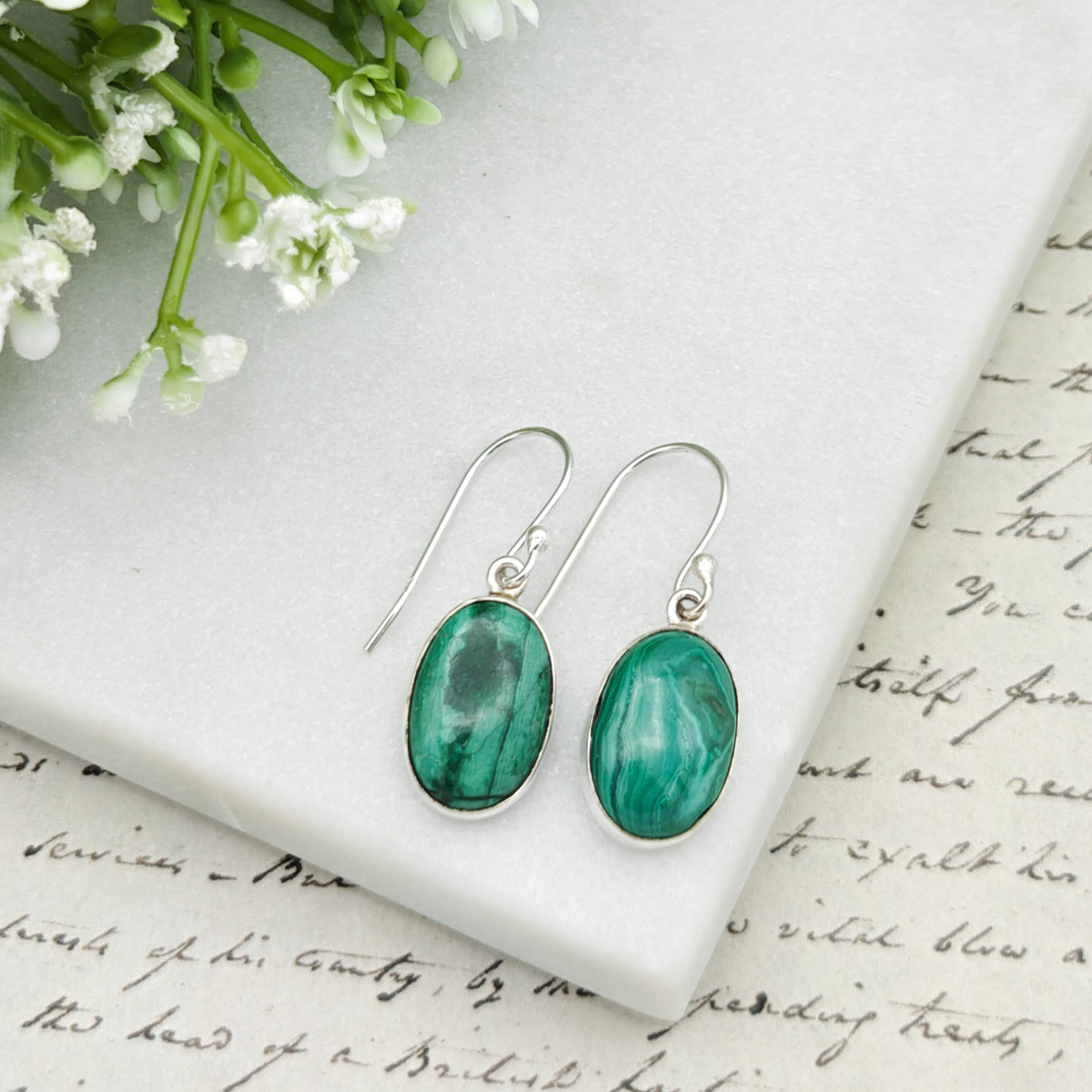 Hepburn and Hughes Malachite Earrings in Sterling Silver | 15mm length | Taurus Birthstone