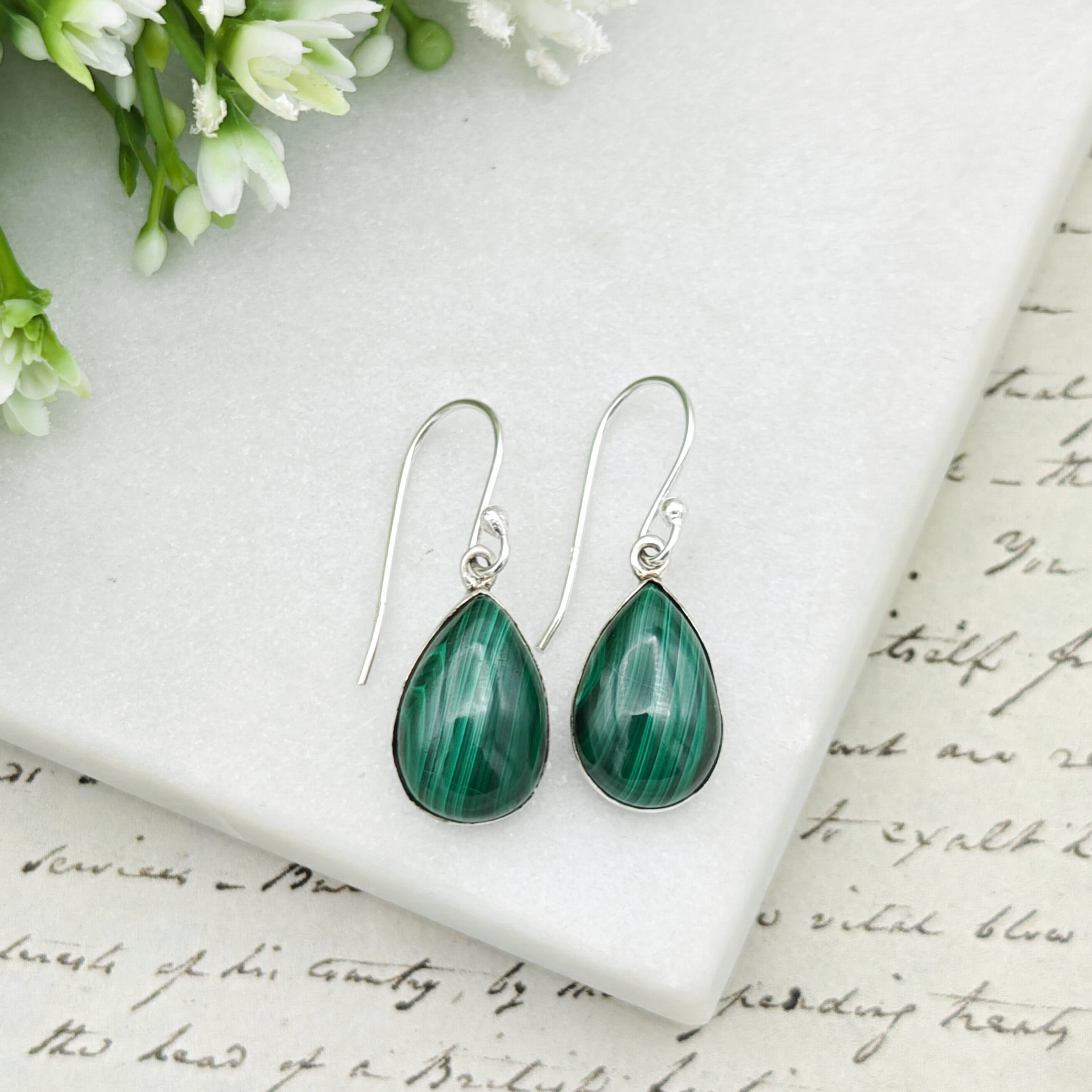 Hepburn and Hughes Malachite Earrings in Sterling Silver | 15mm length | Taurus Birthstone