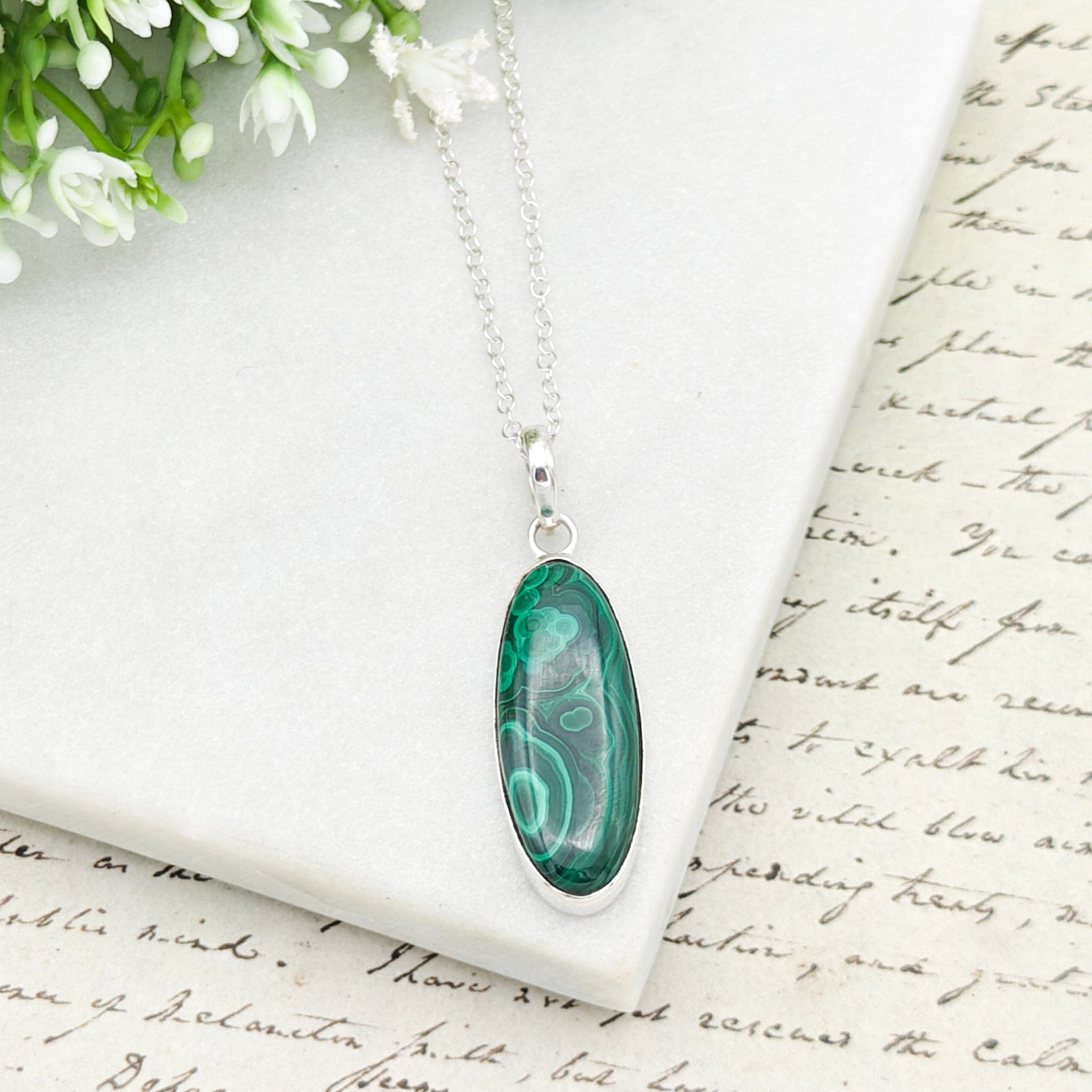 Hepburn and Hughes Malachite Gemstone Pendant in Sterling Silver | 13th Anniversary Gift