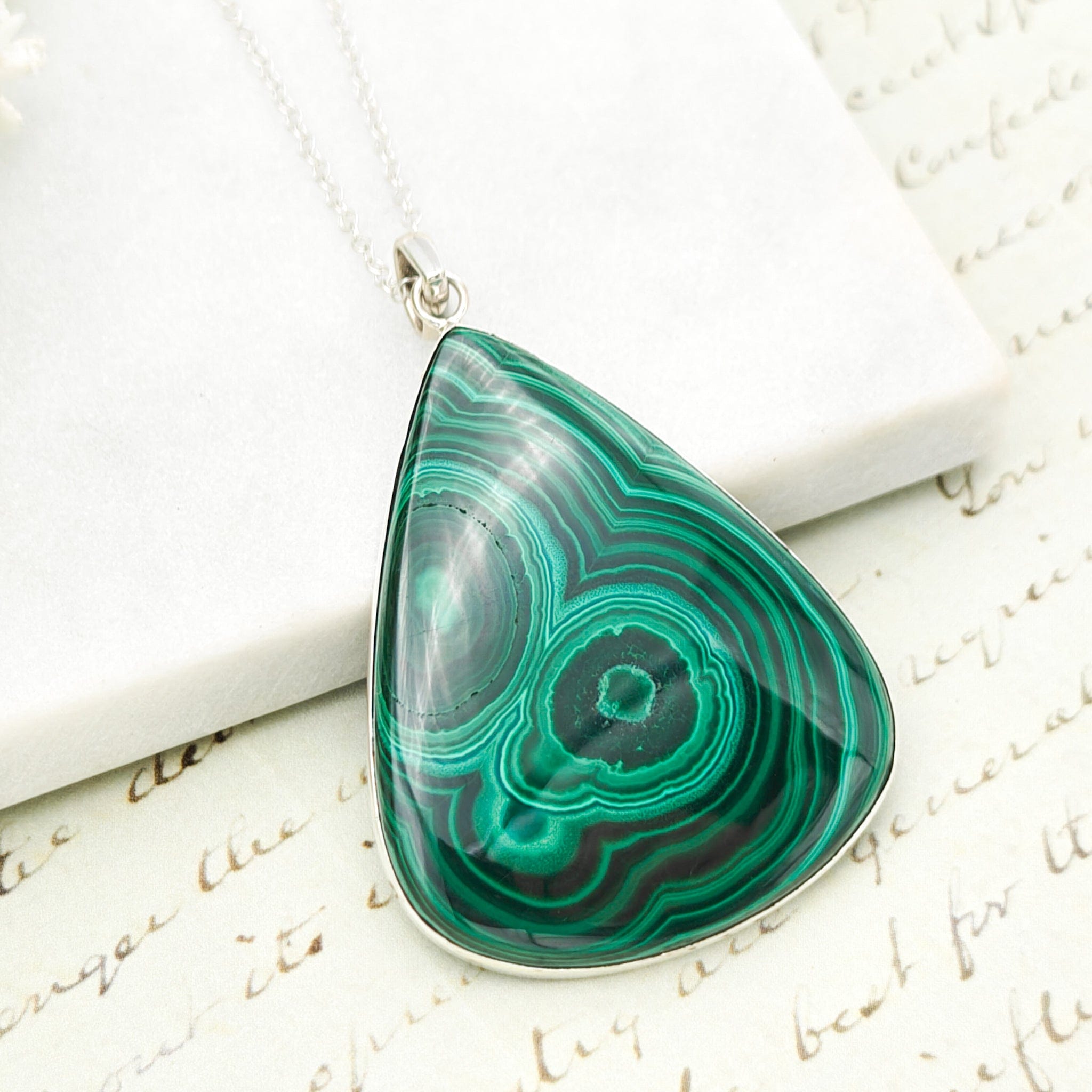 Hepburn and Hughes Malachite Gemstone Pendant in sterling Silver | 55mm teardrop | Taurus Gift