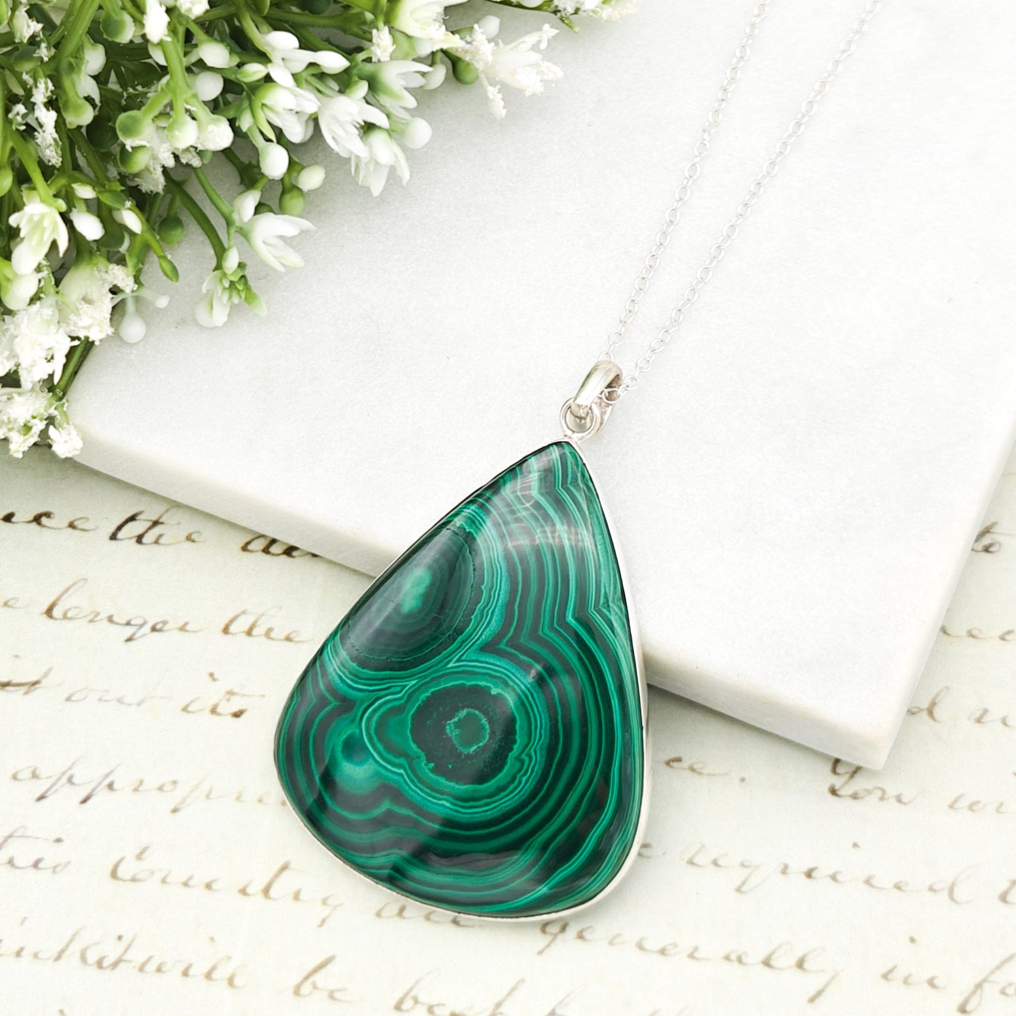 Hepburn and Hughes Malachite Gemstone Pendant in sterling Silver | 55mm teardrop | Taurus Gift