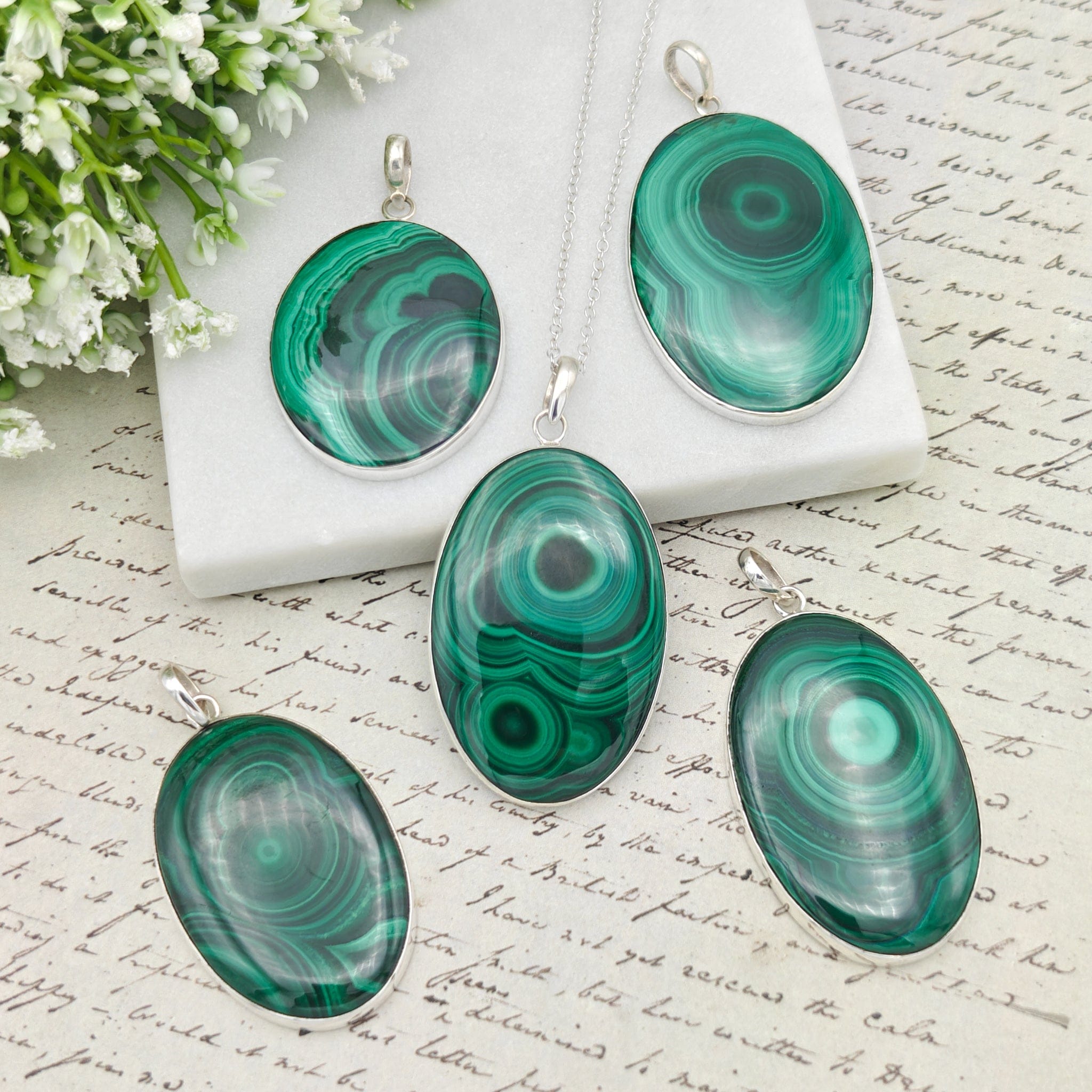 Hepburn and Hughes Malachite Oval Pendant in Sterling Silver | May Birthday | 13th wedding anniversary