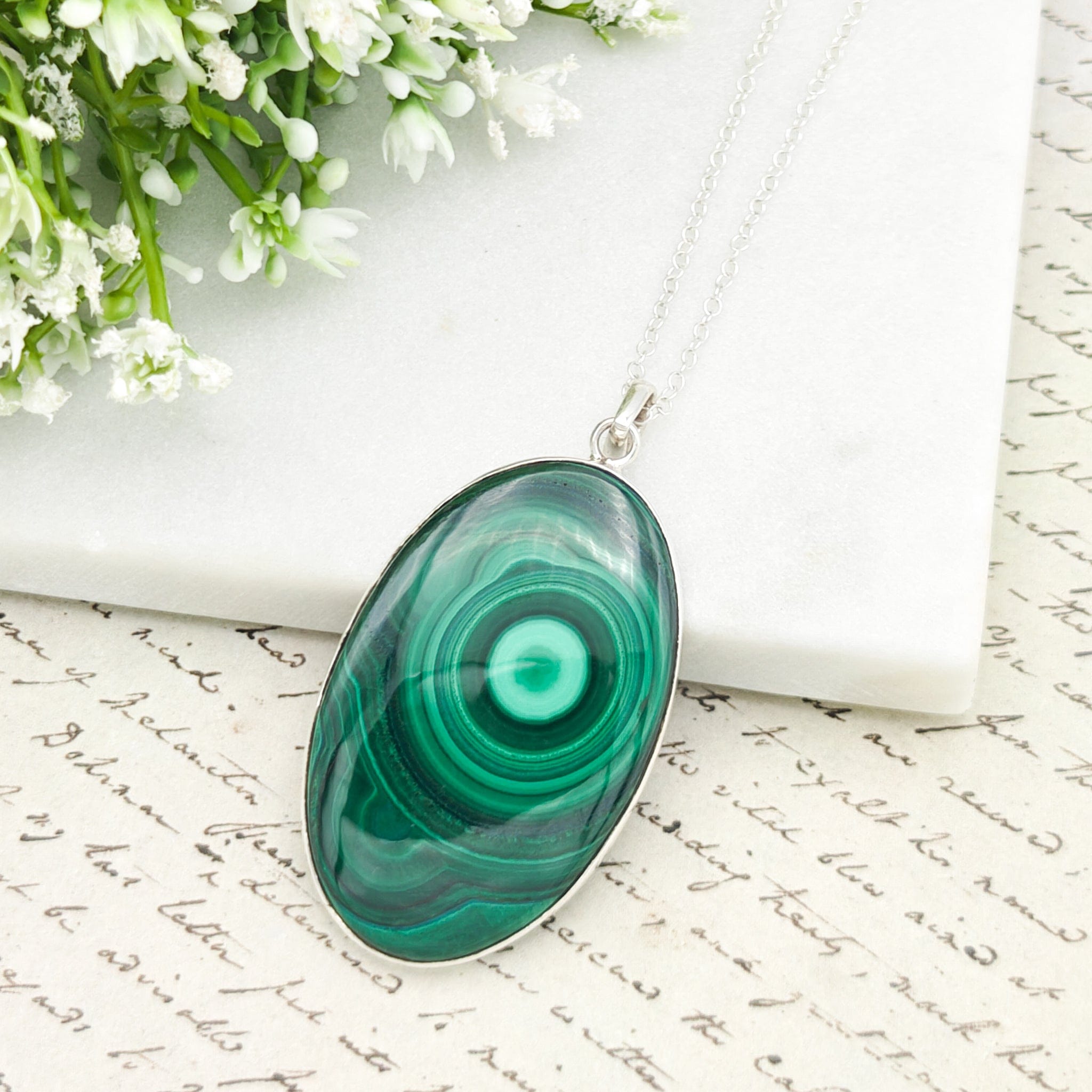 Hepburn and Hughes Malachite Oval Pendant in Sterling Silver | May Birthday | 13th wedding anniversary