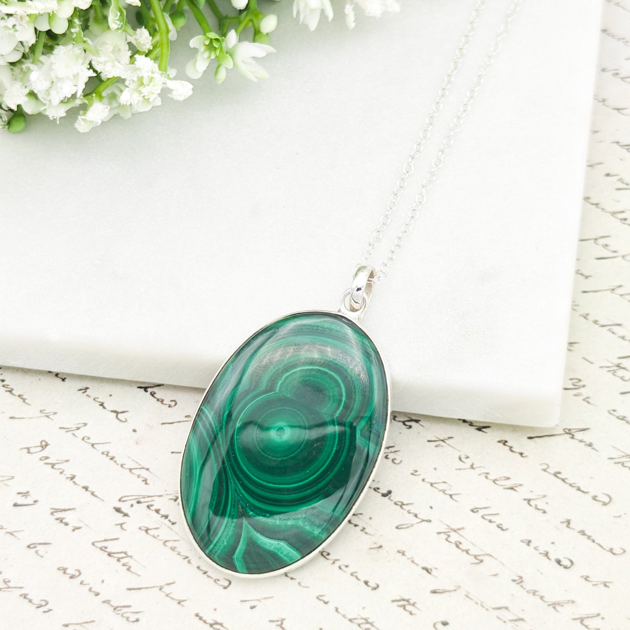 Hepburn and Hughes Malachite Oval Pendant in Sterling Silver | May Birthday | 13th wedding anniversary