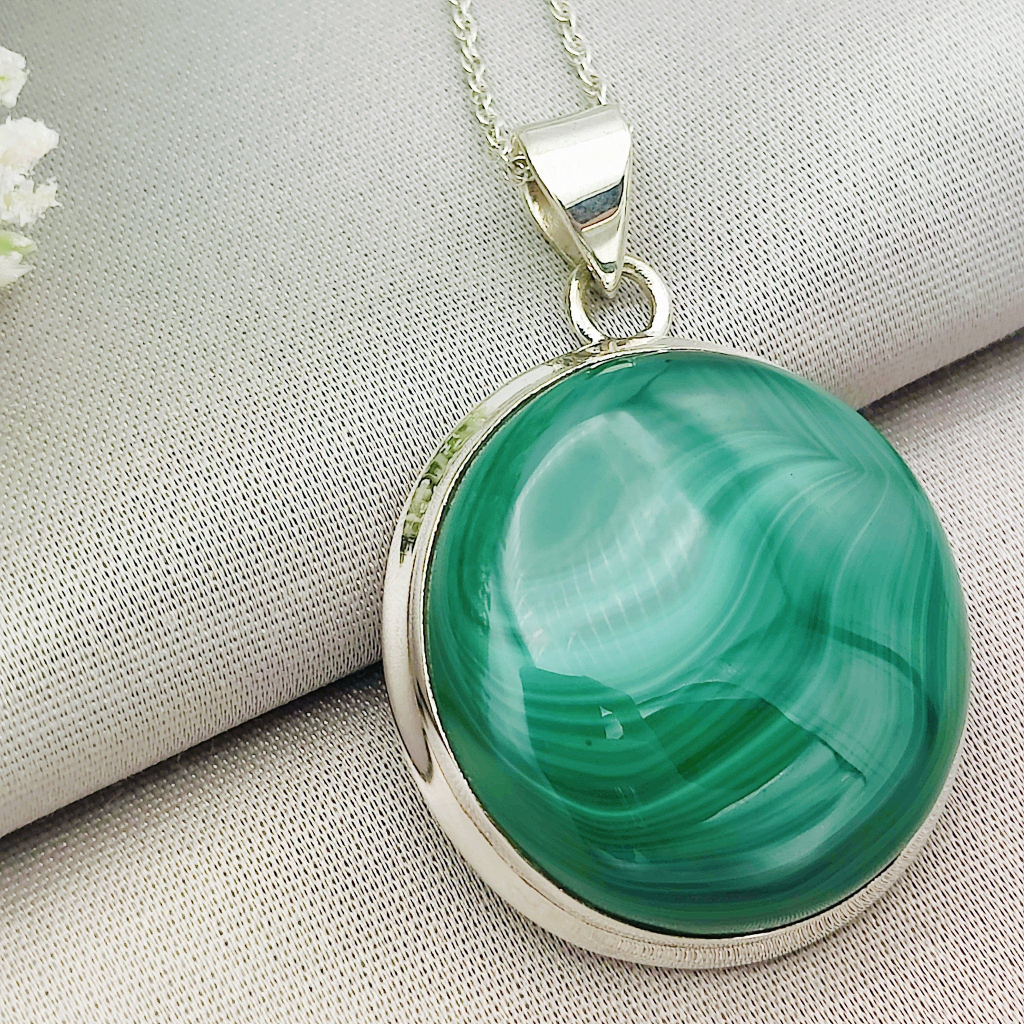 Hepburn and Hughes Malachite Pendant | 30mm Circle | Sterling Silver