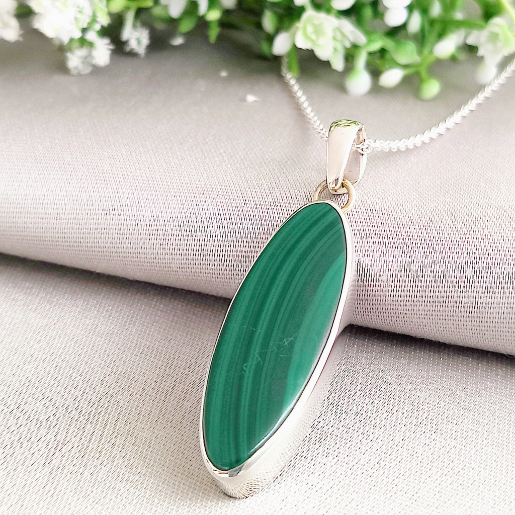 Hepburn and Hughes Malachite Pendant | 36mm pointed oval | Sterling Silver