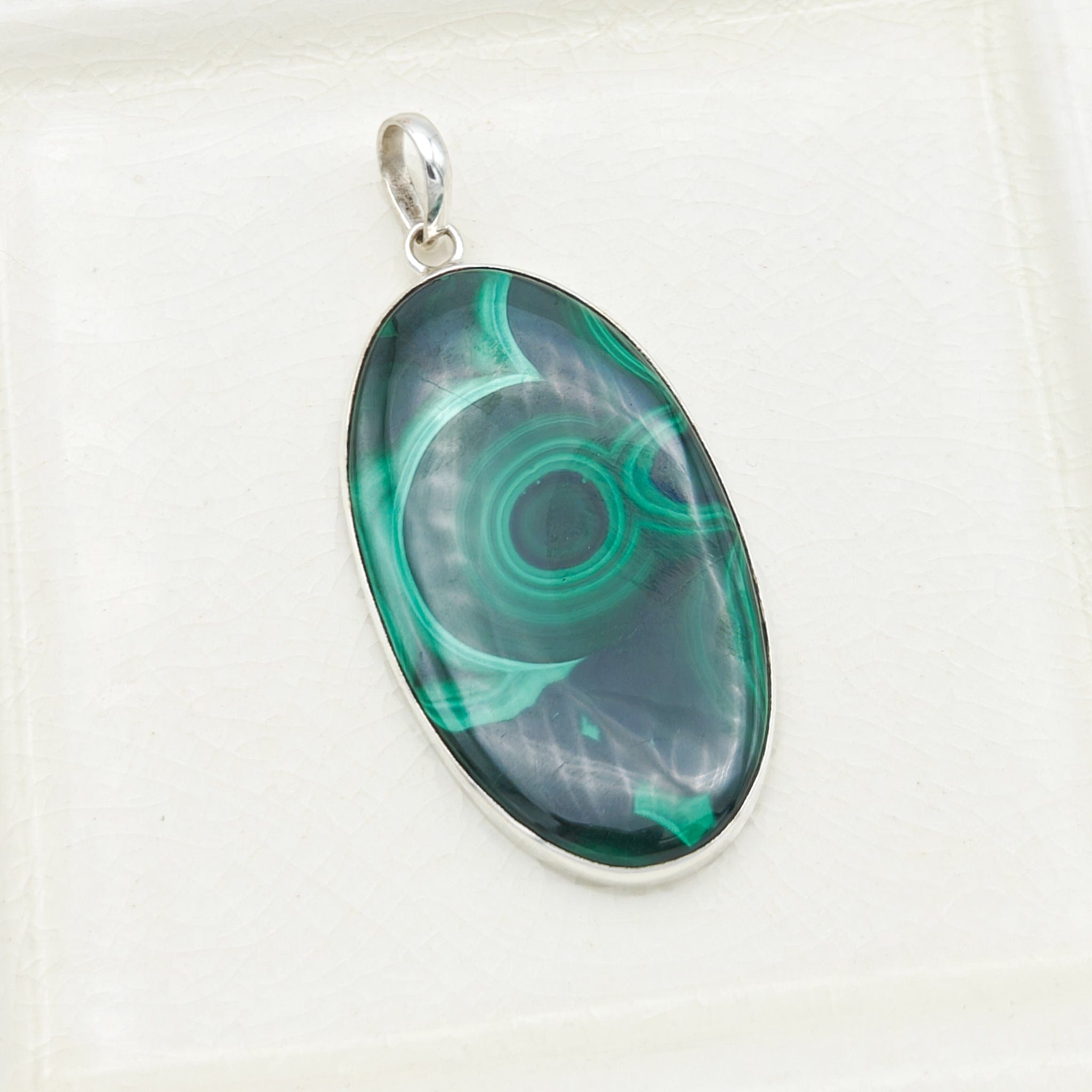 Hepburn and Hughes Malachite Pendant | 45mm Oval | May Birthday Gift | Sterling Silver
