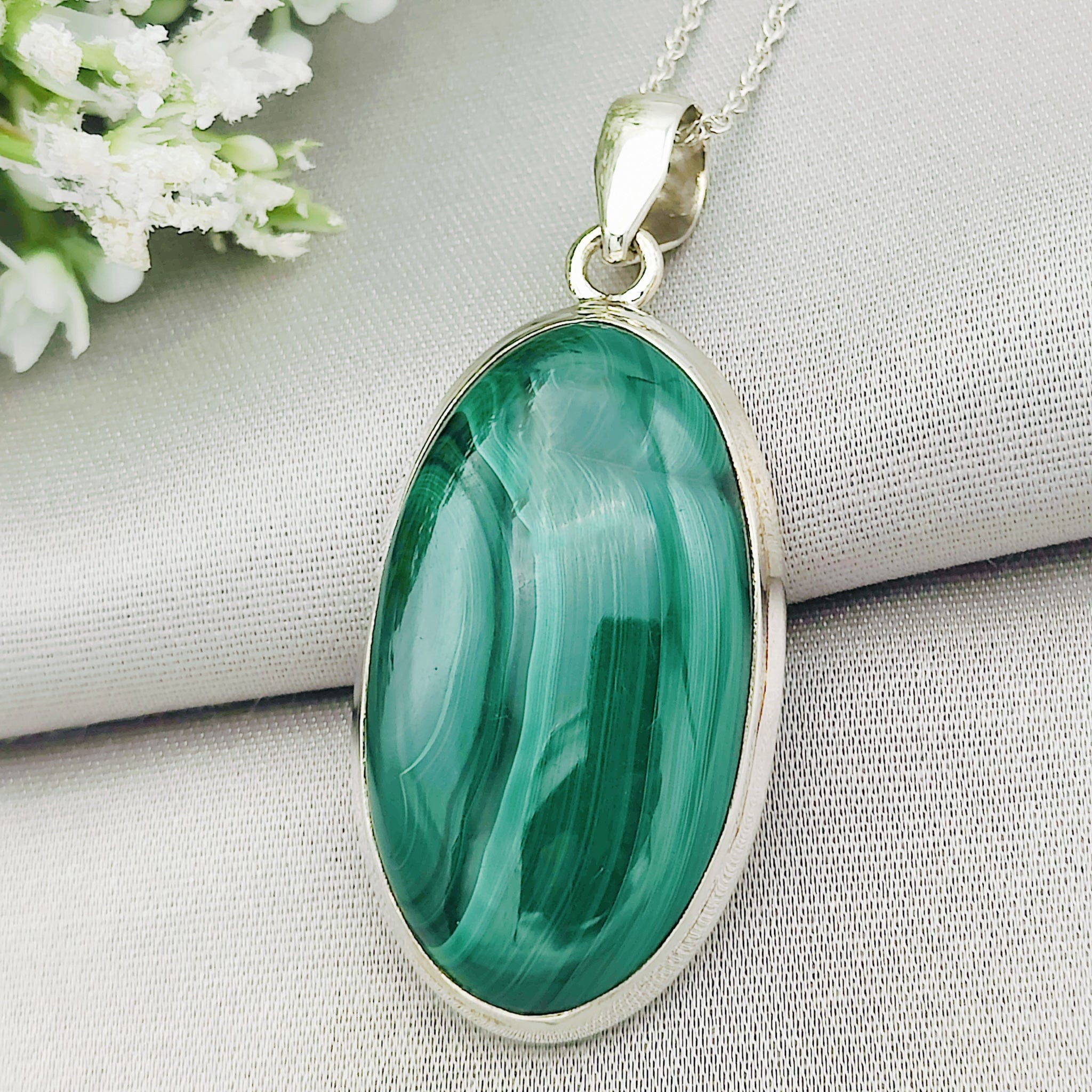 Hepburn and Hughes Malachite Pendant | 45mm Oval | Sterling Silver