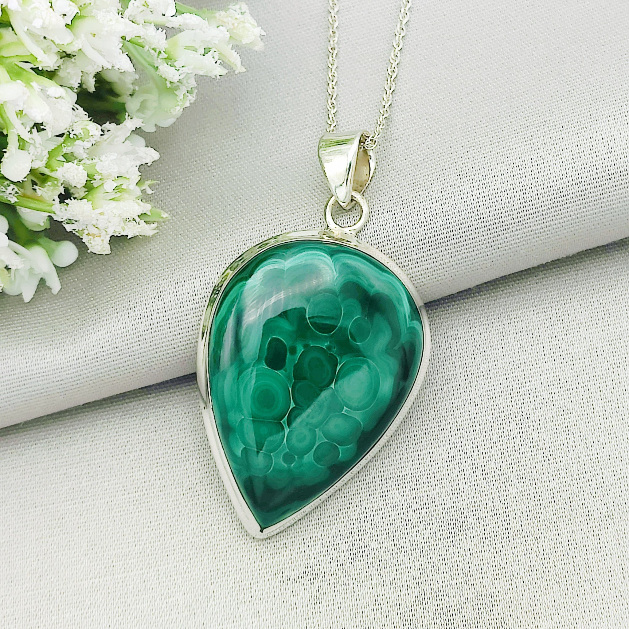 Hepburn and Hughes Malachite Pendant | 45mm teardrop | Sterling Silver