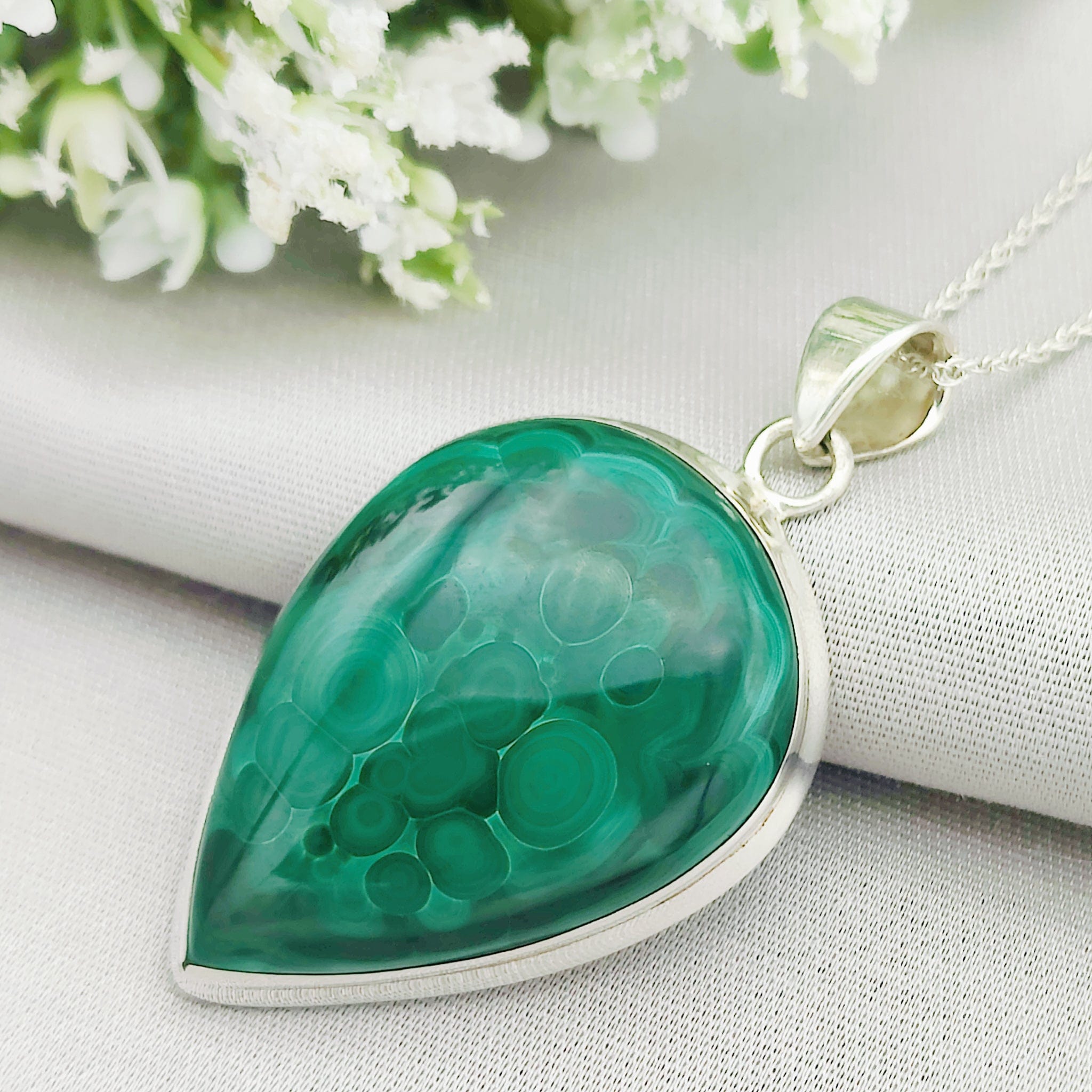 Hepburn and Hughes Malachite Pendant | 45mm teardrop | Sterling Silver