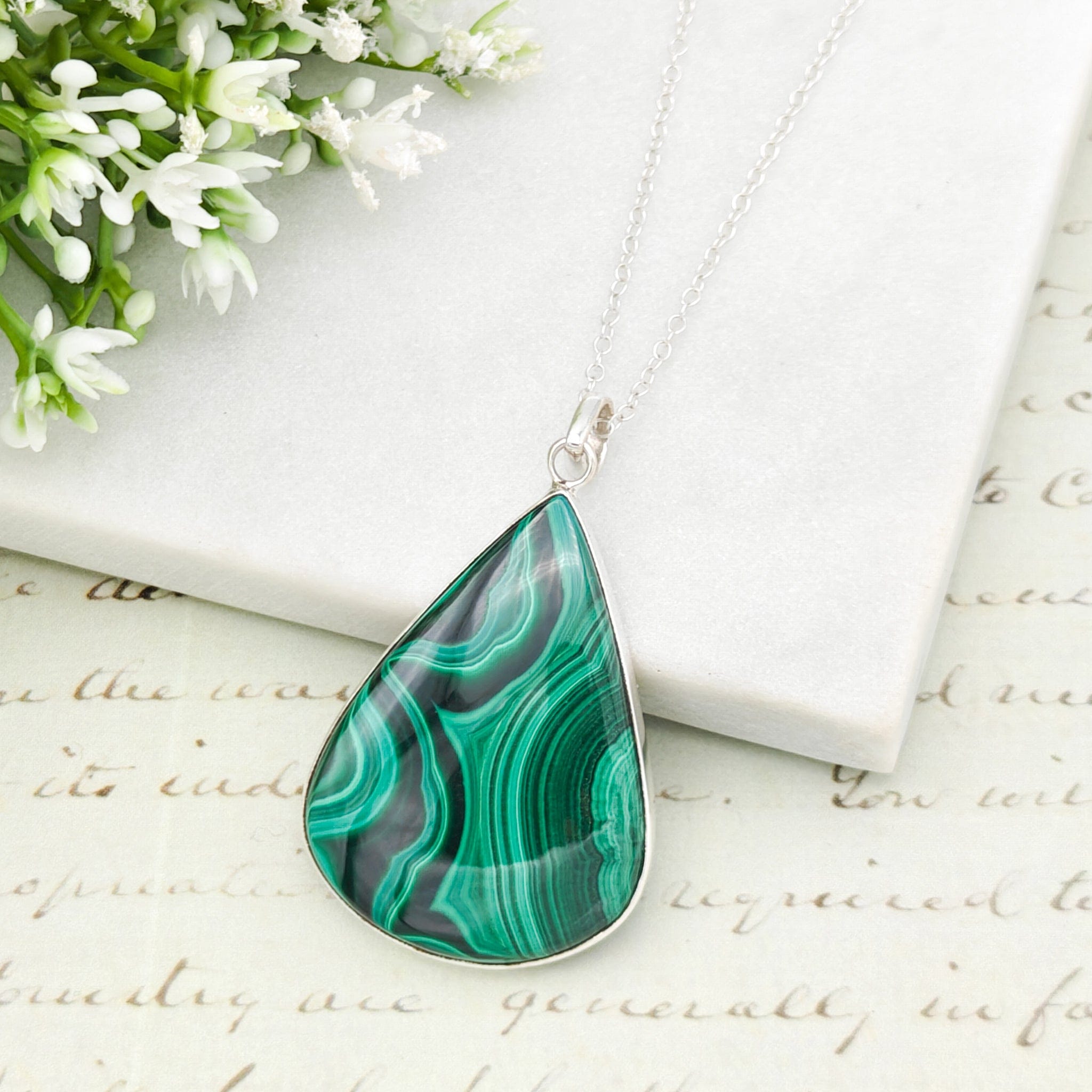 Hepburn and Hughes Malachite Pendant | Teardrop 3 Options | Taurus Gift | Sterling Silver