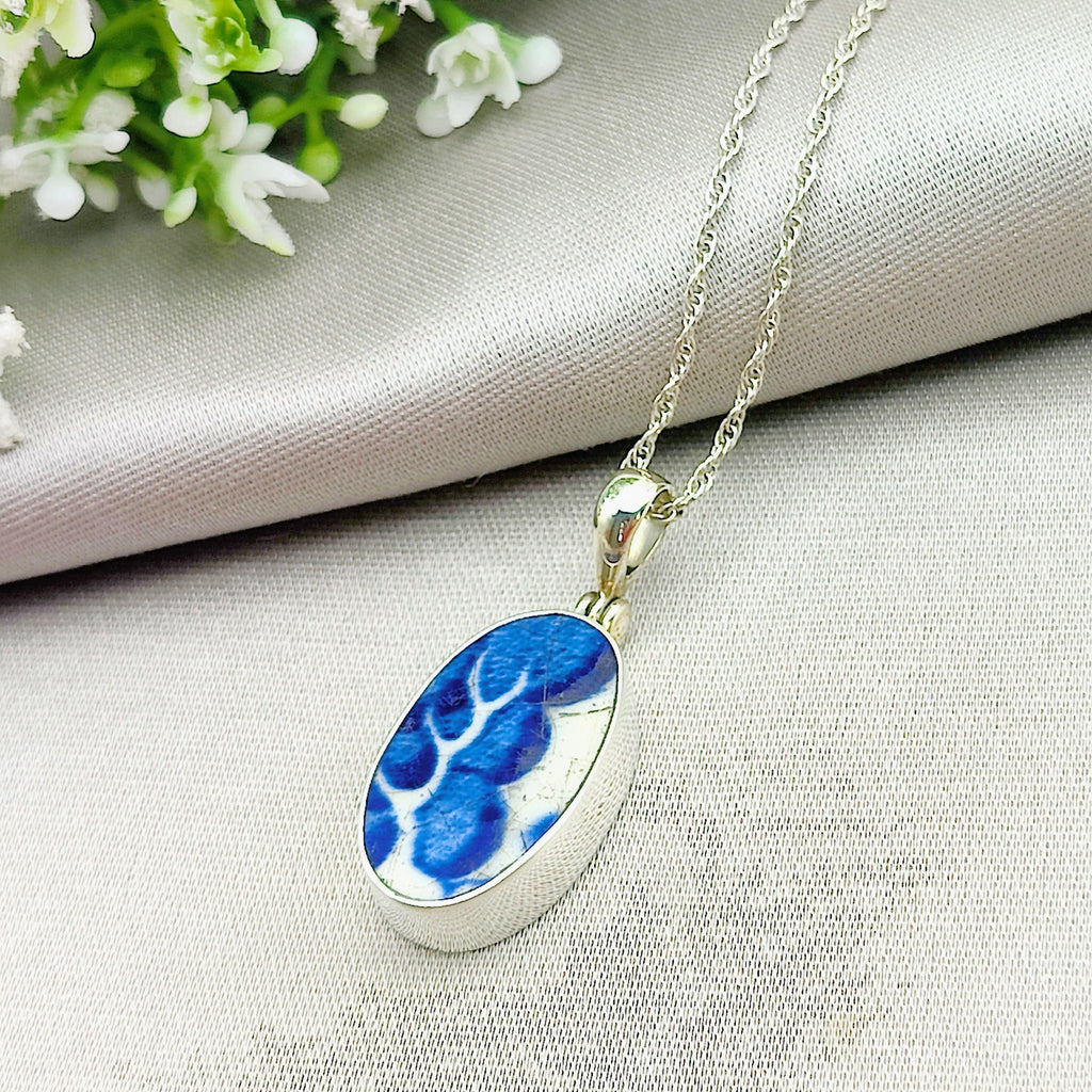 Hepburn and Hughes Minton Pottery Ceramic Pendant | Upcycled Blue Willow | 25mm Oval | Sterling Silver